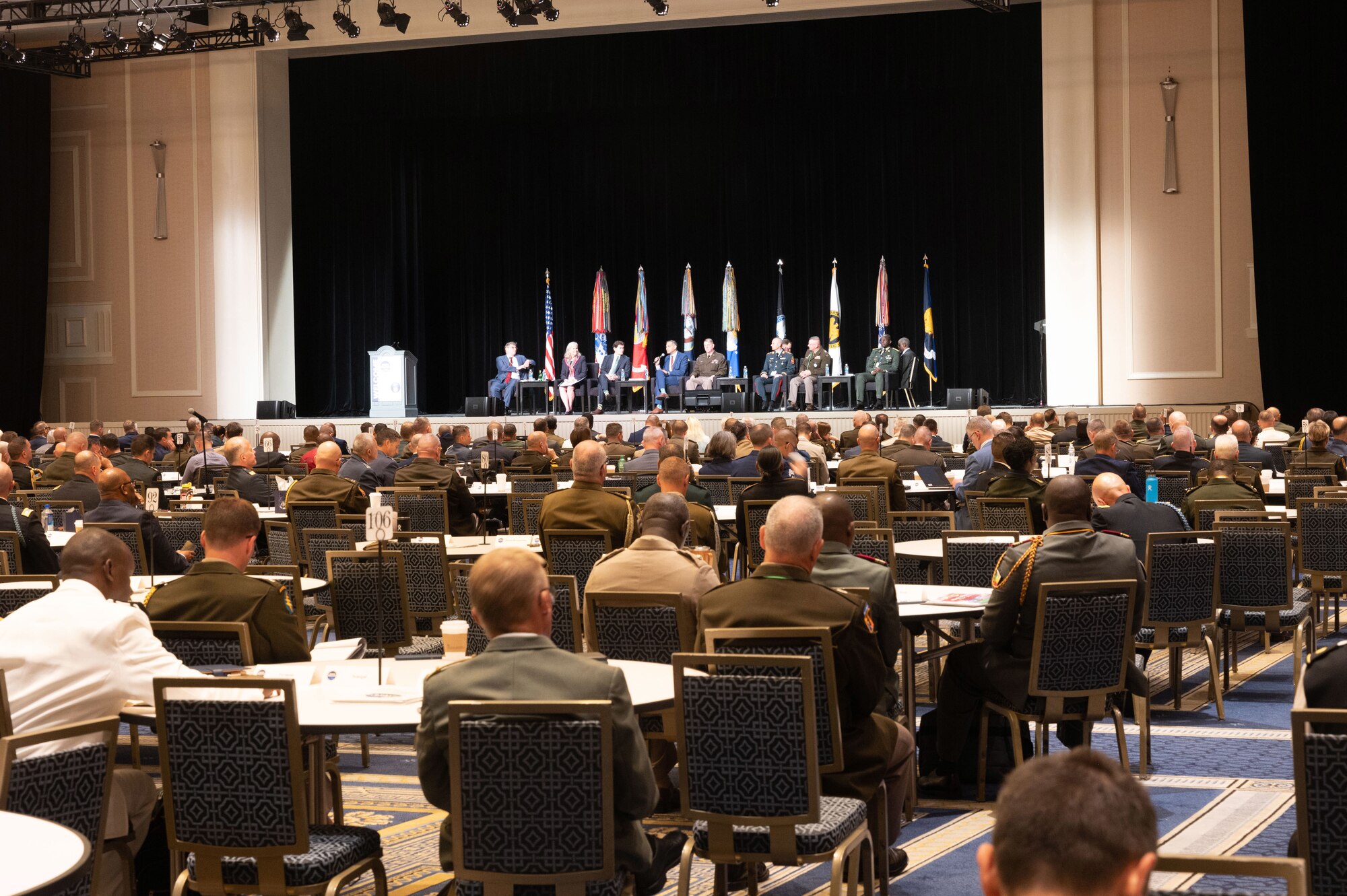 U.S. National Guard, U.S. government officials, and senior principals from partner nations participate in a panel discussion on expanding partnerships beyond military relations during the Department of Defense and National Guard State Partnership Program (SPP)  30th Anniversary Conference, National Harbor, Maryland, July 19, 2023. The SPP program pairs Guard elements with partner nations worldwide, building enduring relationships through mutual training exchanges that strengthen security, improve operability and enhance the readiness of U.S. and partner forces. Established in 1993, the program began with less than a dozen partnerships and has grown to include 100 countries representing more than 50% of the world’s nations. (U.S. Air National Guard photo by Master Sgt. David Eichaker)