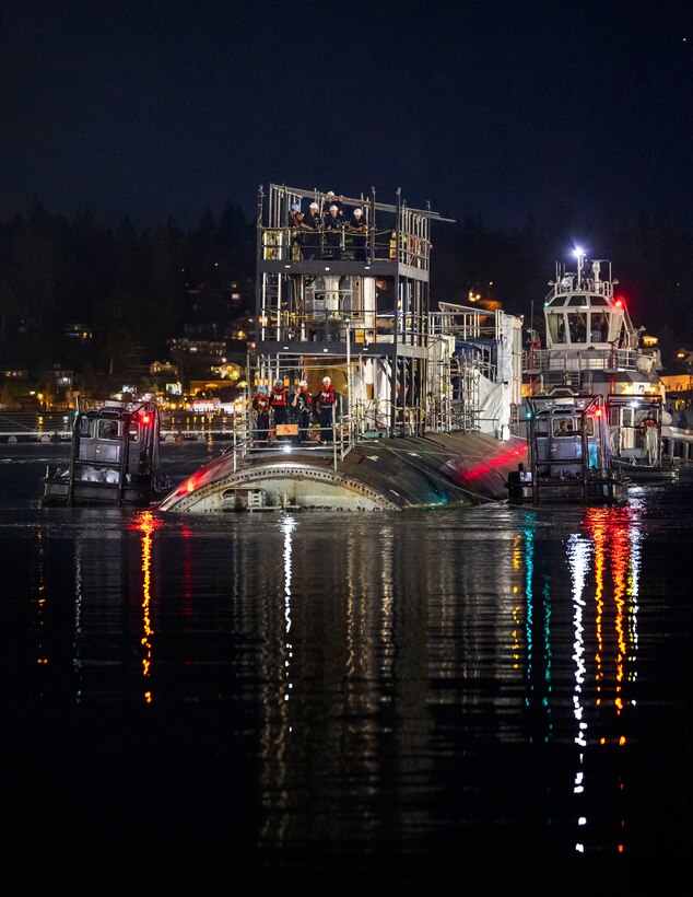 USS Connecticut (SSN 22) enters Dry Dock 5 at Puget Sound Naval Shipyard & Intermediate Maintenance Facility, July 11, 2023, in preparation for its upcoming Extended Docking Selected Restricted Availability. Dry Dock 5 was recently re-certified after undergoing seismic upgrades. (U.S. Navy photo by Wendy Hallmark)