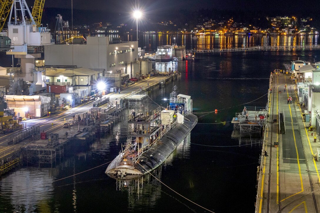 USS Connecticut (SSN 22) enters Dry Dock 5 at Puget Sound Naval Shipyard & Intermediate Maintenance Facility, July 11, 2023, in preparation for its upcoming Extended Docking Selected Restricted Availability. Dry Dock 5 was recently re-certified after undergoing seismic upgrades. (U.S. Navy photo by Wendy Hallmark)