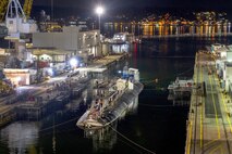 USS Connecticut (SSN 22) enters Dry Dock 5 at Puget Sound Naval Shipyard & Intermediate Maintenance Facility, July 11, 2023, in preparation for its upcoming Extended Docking Selected Restricted Availability. Dry Dock 5 was recently re-certified after undergoing seismic upgrades. (U.S. Navy photo by Wendy Hallmark)