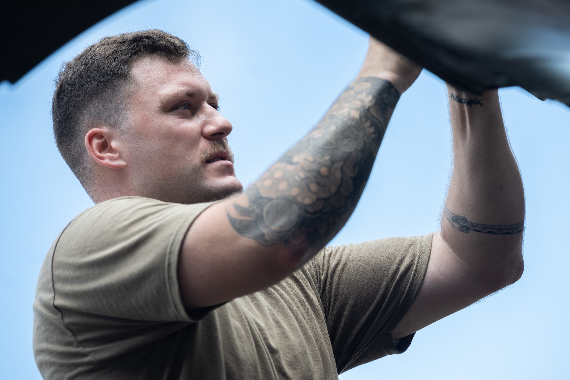 U.S. Air Force Staff Sgt. James Faulkner, 5th Aircraft Maintenance Squadron avionics specialist, performs routine maintenance on a B-52H Stratofortress assigned to the 23rd Expeditionary Bomb Squadron during a Bomber Task Force deployment at Andersen Air Force Base, Guam, July 9, 2023. Dedicated U.S. Strategic Command Airmen like Faulkner allow the command to execute its operations and provide the nation with its strategic deterrent against threats in all domains. (U.S. Air Force photo by Tech. Sgt. Zade Vadnais)