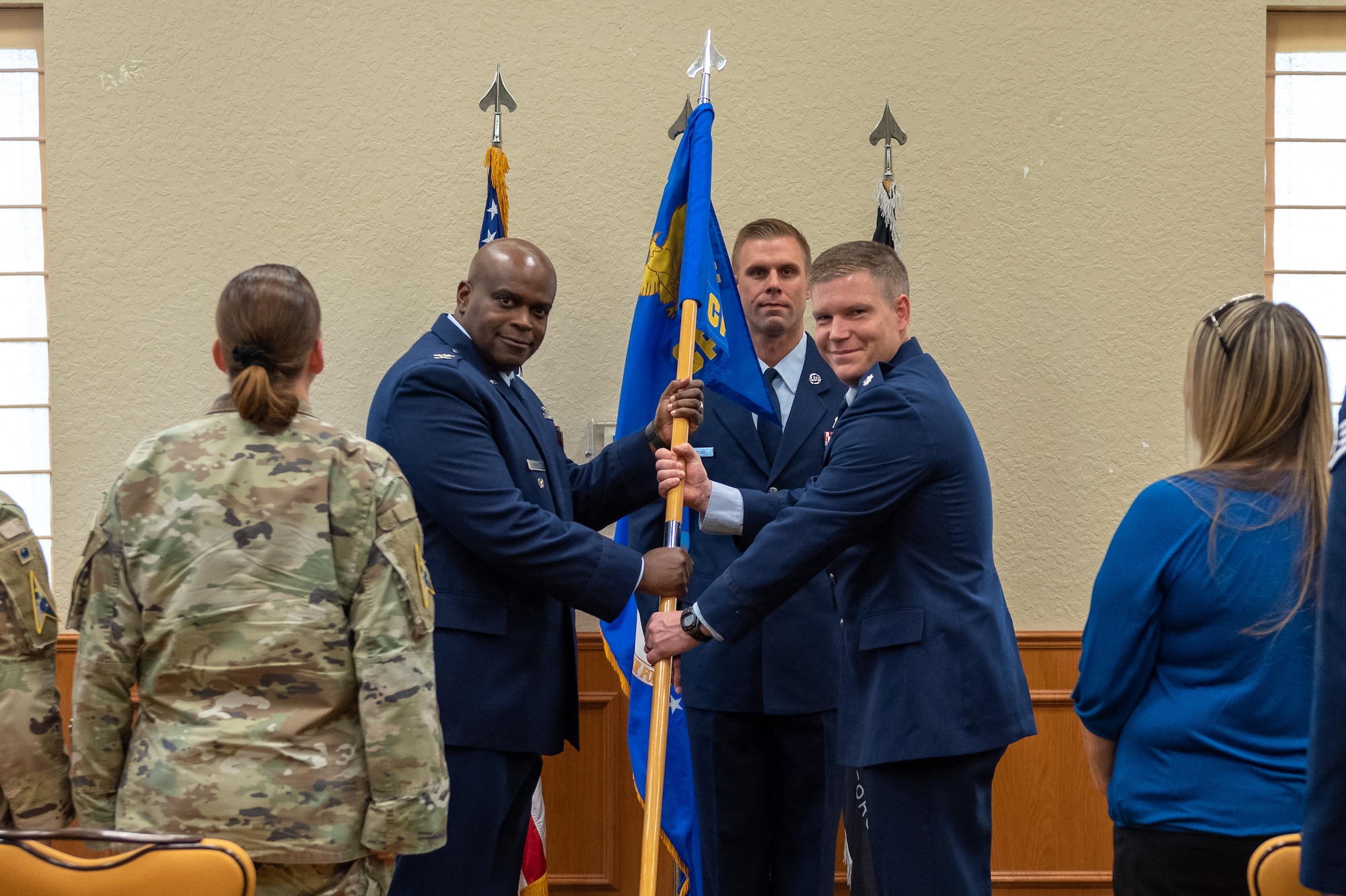 U.S. Space Force Lt. Col. Garrett Duff takes command of the 45th Comptroller Squadron at Patrick Space Force Base, Florida, June 23, 2023. Duff is replacing Lt. Col. Jeremy Williams as commander. (U.S. Space Force photo by Deanna Murano)