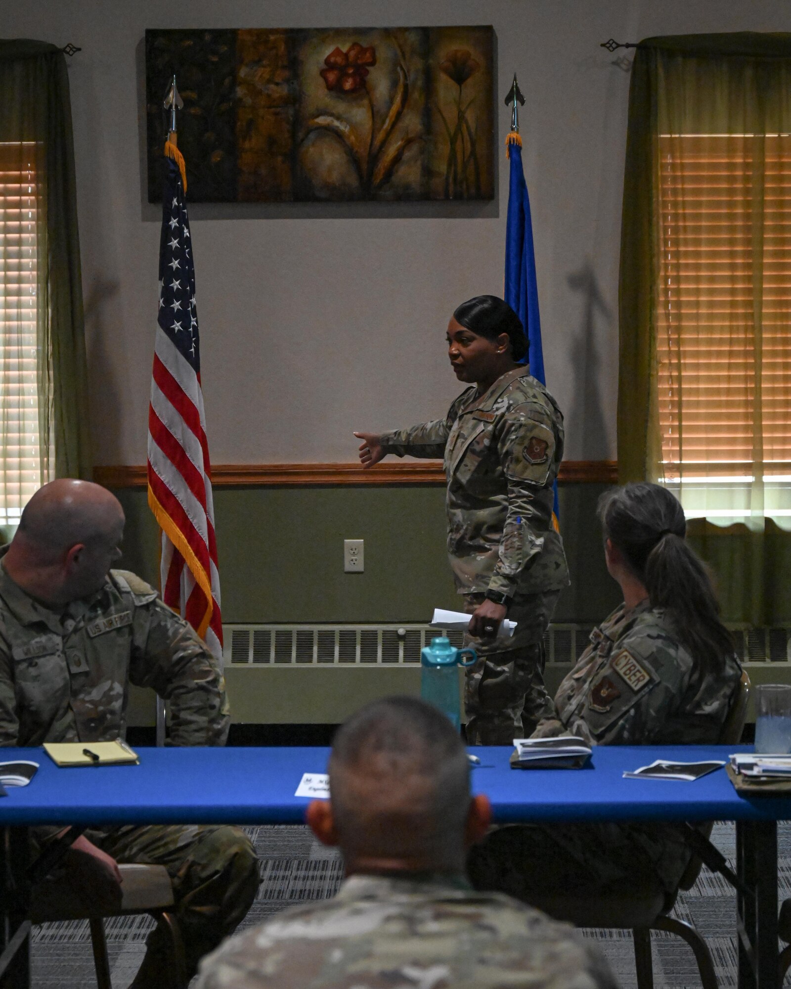 Chief Master Sgt. Melvina Smith, Air Force Global Strike command chief, speaks to senior enlisted leadership Friday June 13, 2023 at Minot Air Force Base, North Dakota. Smith is the Command Chief Master Sergeant for Air Force Global Strike Command (AFGSC), and Air Forces Strategic-Air, headquartered at Barksdale Air Force Base, Louisiana. The AFGSC mission is to develop, equip and provide
combat-ready forces for nuclear deterrence and global strike operations supporting the initiatives of United States Strategic Command and other geographic combatant commands. (U.S. Air Force photo by Senior Airman Caleb S. Kimmell)