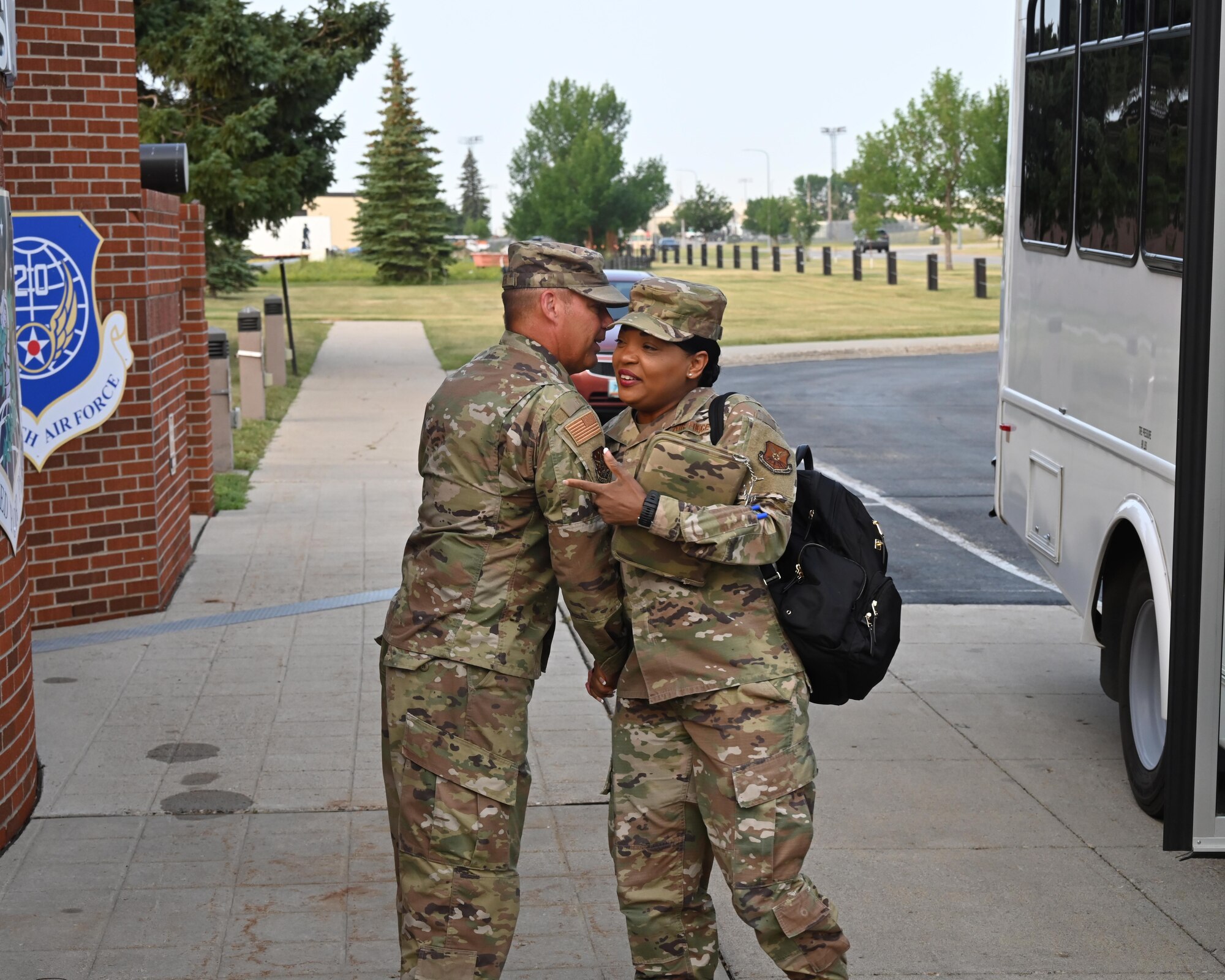 Chief Master Sgt. Melvina Smith, Air Force Global Strike command chief, is greeted by Chief Master Sgt. Ernest Crider, 91st Missile Wing command chief Friday June 13, 2023 at Minot Air Force Base, North Dakota. During Smith’s visit she spoke to Minot unit chiefs and first sergeants discussing various topics such as quality of life issues, Airmen welfare and overall readiness. (U.S. Air Force photo by Senior Airman Caleb S. Kimmell)
