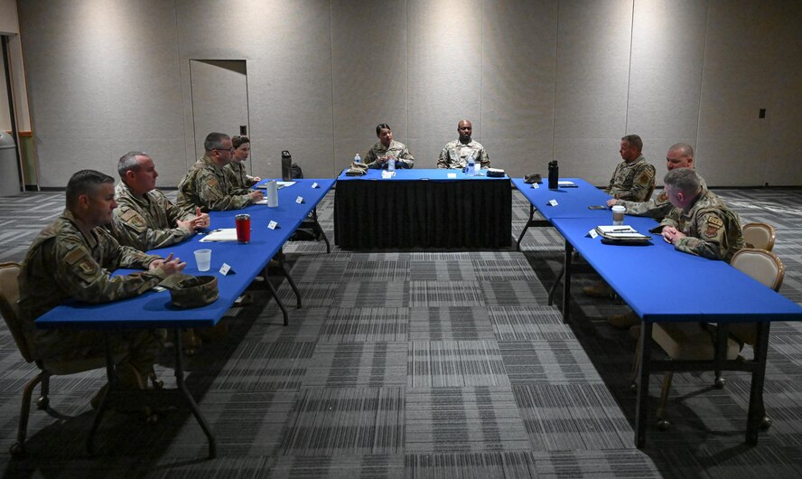 Chief Master Sgt. Melvina Smith, Air Force Global Strike command chief, speaks to group chiefs from Minot Air Force Base Friday June 13, 2023 at Minot Air Force Base, North Dakota. Smith is the Command Chief Master Sergeant for Air Force Global Strike Command (AFGSC), and Air Forces Strategic-Air, headquartered at Barksdale Air Force Base, Louisiana. The AFGSC mission is to develop, equip and provide combat-ready forces for nuclear deterrence and global strike operations supporting the initiatives of United States Strategic Command and other geographic combatant commands. (U.S. Air Force photo by Senior Airman Caleb S. Kimmell)