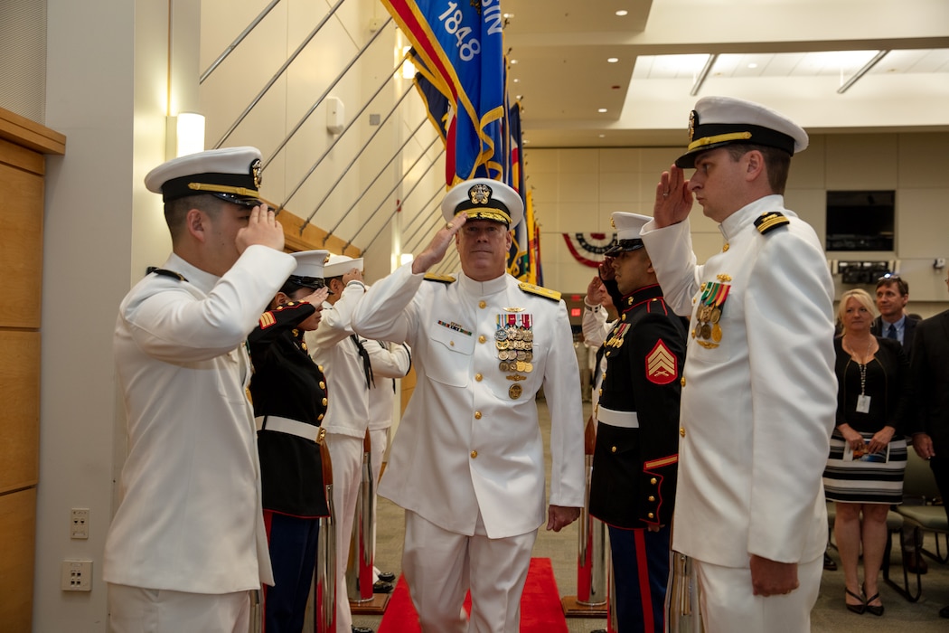 Rear Adm. Matt Ott (center) assumed command of Naval Supply Systems Command Weapon Systems Support (NAVSUP WSS) from Rear Adm. Ken Epps in a ceremony aboard NSA Philadelphia, June 9.