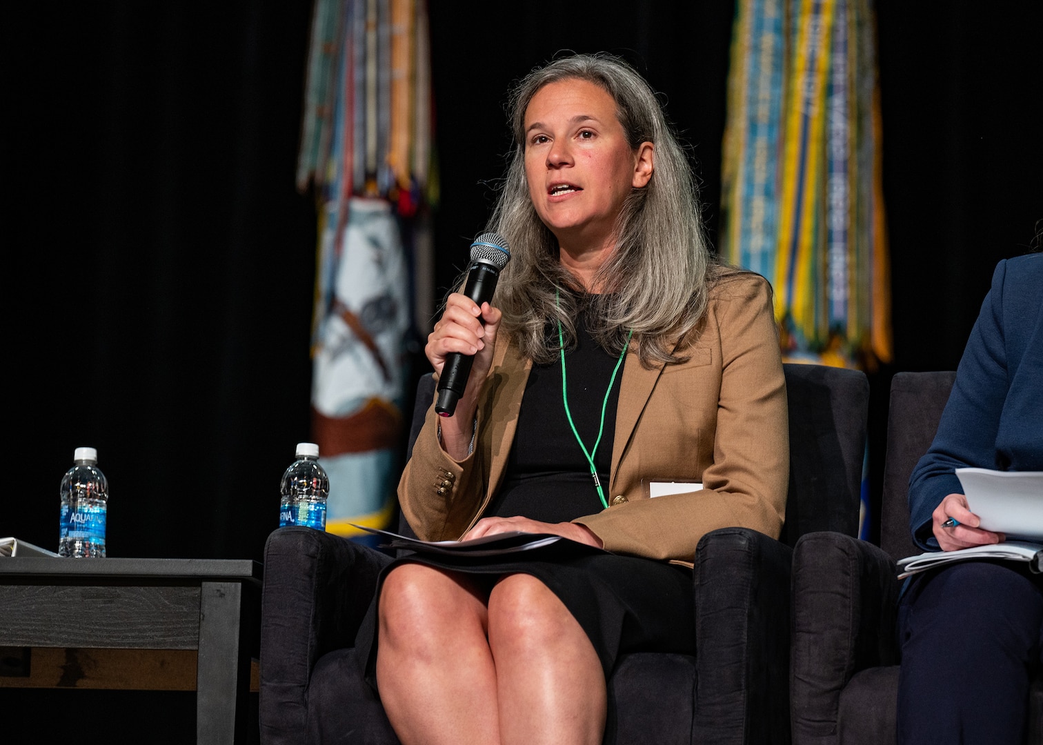 Madeline Mortelmans, principal deputy assistant secretary of defense for strategy, plans, and capabilities, provides remarks during the Department of Defense National Guard State Partnership Program 30th Anniversary Conference at National Harbor, Maryland, July 18, 2023.