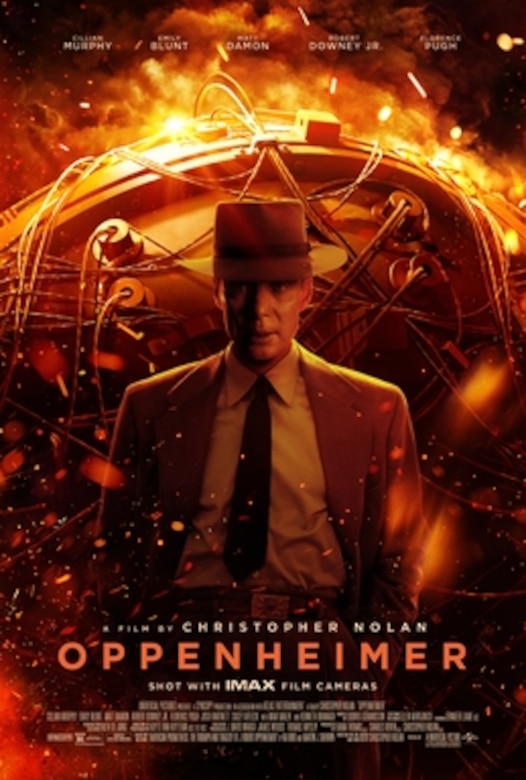 A movie poster bears the word Oppenheimer.