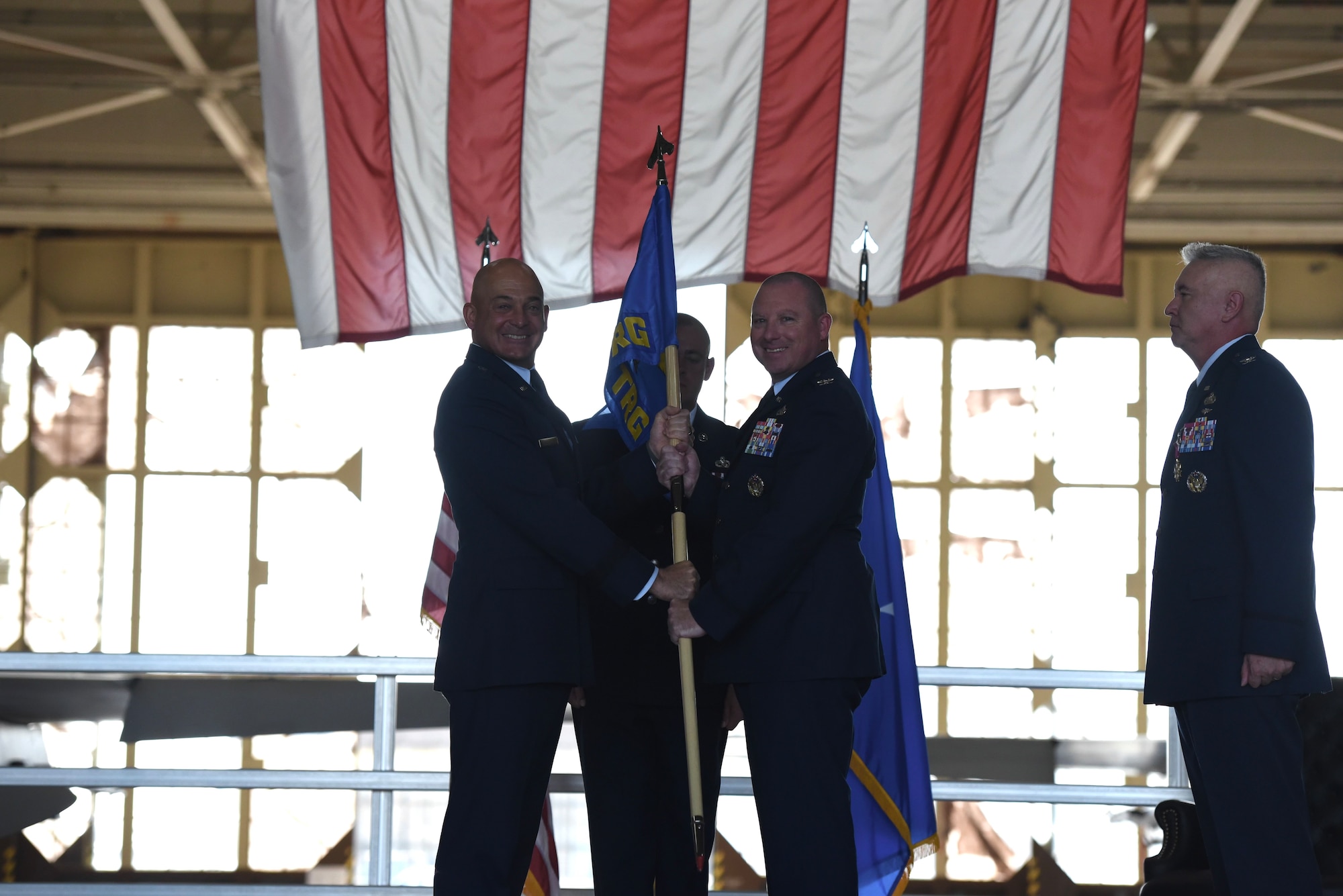 Brigadier General George T.M. Dietrich III, 82d Training Wing Commander, passes the guidon to the new commander of the 782d Training Group, Colonel Eric D. Haler, on July 19th, 2023 at Sheppard Air Force Base, Texas. The 782d TRG is known to be the most diverse training group in the Air Force, including courses in civil engineering, petroleum oil lubricants, hydraulics, electrical and environmental systems, avionics, and more.
