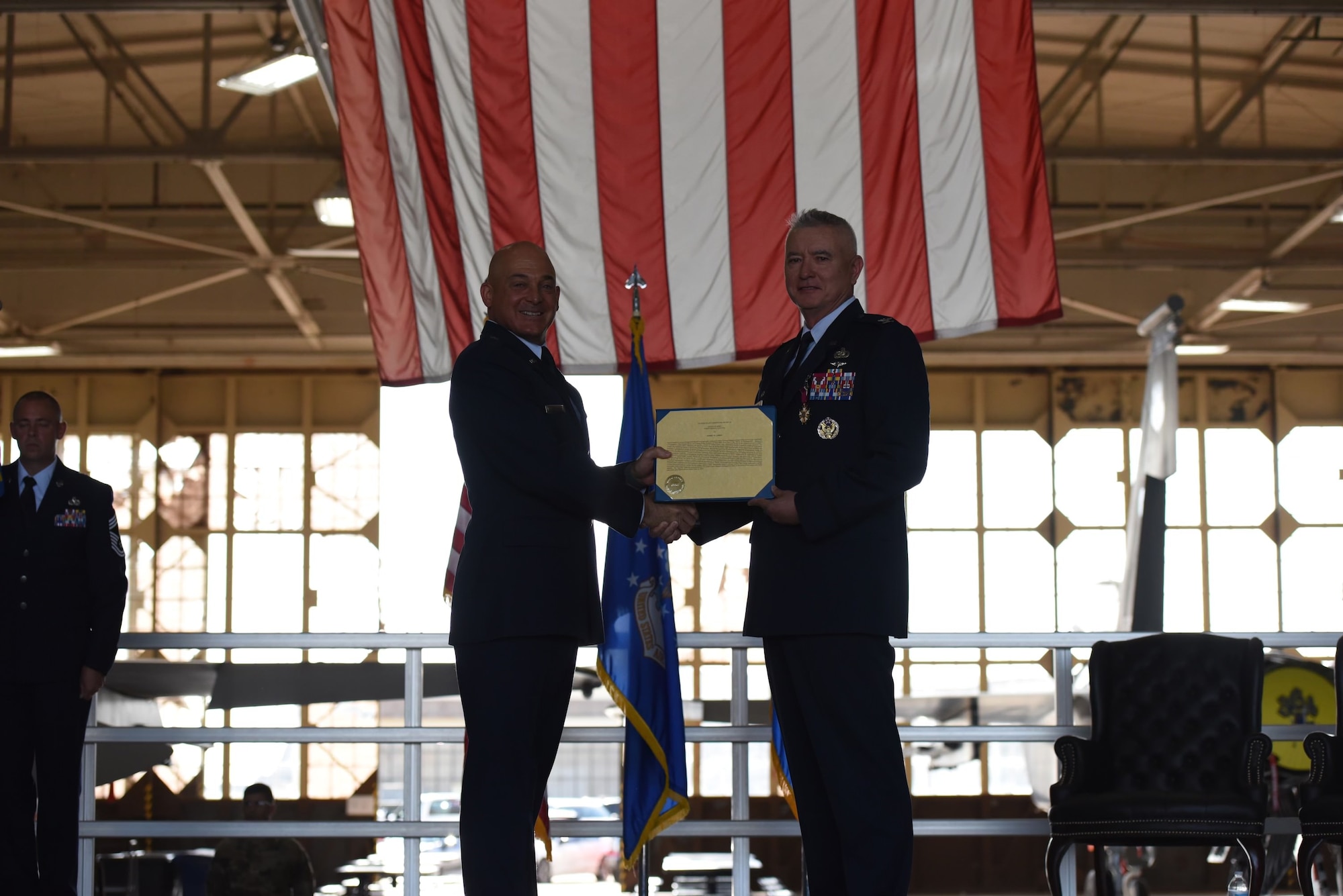 Brigadier General George T.M. Dietrich III, 82d Training Wing Commander, presents the Legion of Merit award to Colonel Daniel W. Lemon, outgoing commander of the 782d Training Group, on July 19th, 2023 at Sheppard Air Force Base, Texas. The 782d TRG is known to be the most diverse training group in the Air Force, including courses in civil engineering, petroleum oil lubricants, hydraulics, electrical and environmental systems, avionics, and more.
