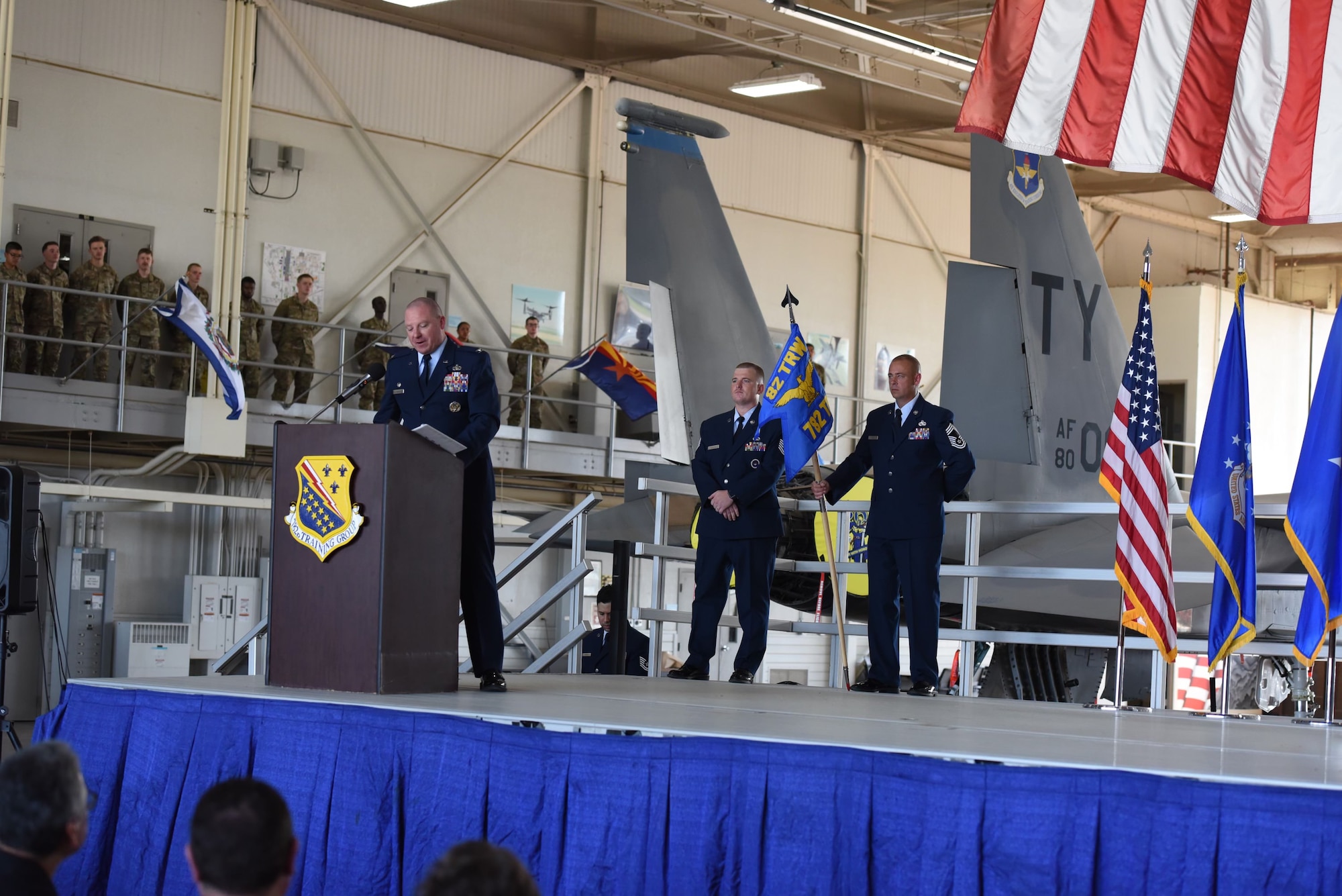 Colonel Eric D. Haler, incoming commander of the 782d Training Group commander, addresses his unit for the first time on July 19th, 2023 at Sheppard Air Force Base, Texas. The 782d TRG is known to be the most diverse training group in the Air Force, including courses in civil engineering, petroleum oil lubricants, hydraulics, electrical and environmental systems, avionics, and more.
