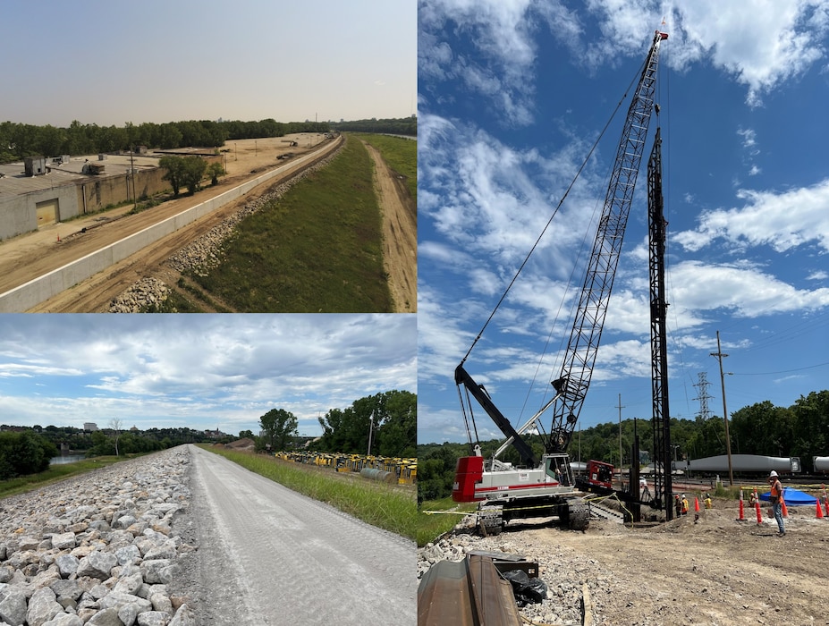 Top left photo shows a levee with grass to the right, the bottom photo shows a concrete road with rock to the left and grass to the right, and the photo on the right shows a crane with gravel in the foreground and sky in the background. 