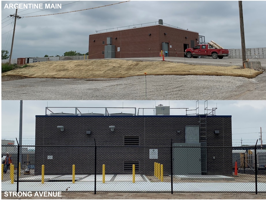 A red brick building is seen at the top of the photo and below is a brown brick building.