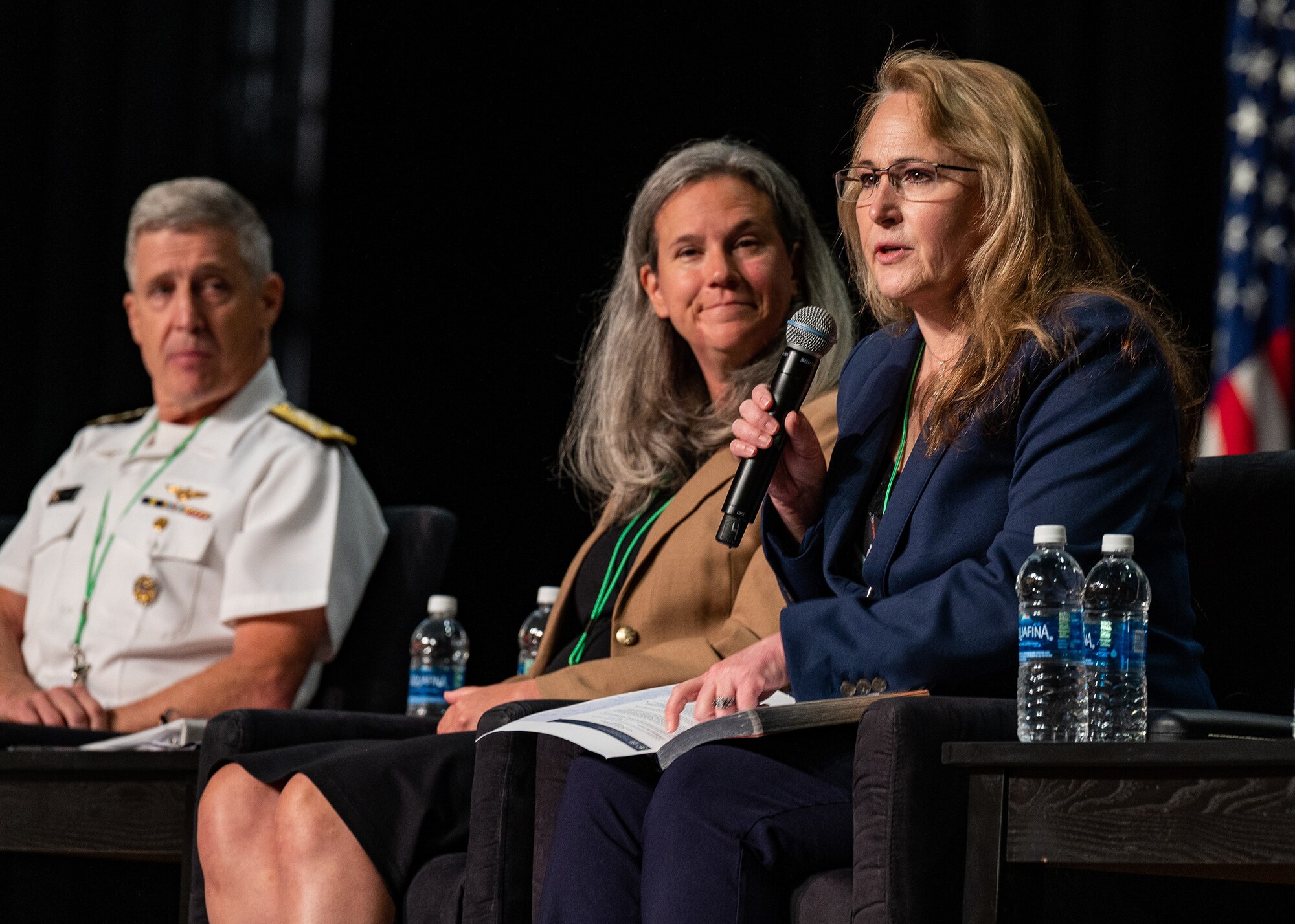 Dr. Celeste Gventer, right, president, Defense Security Cooperation University, provides remarks during the Department of Defense National Guard State Partnership Program 30th Anniversary Conference at National Harbor, Maryland, July 18, 2023.
