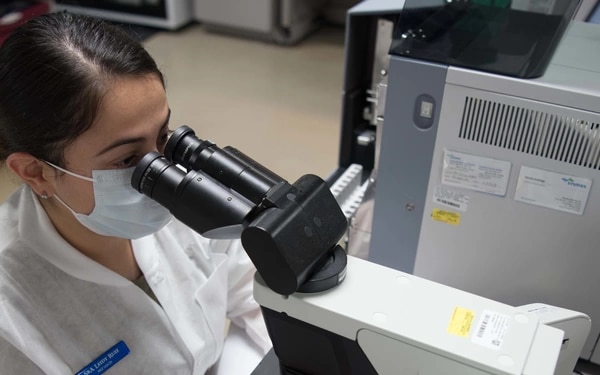 Senior Airman Leidy Ruiz, 22nd Medical Support Squadron lab technician, inspects a blood sample through a microscope July 20, 2020, at McConnell Air Force Base, Kansas. The lab has limited testing capabilities and outsources specific tests to properly-equipped medical facilities at Wright-Patterson AFB, Ohio and Wilford Hall at Lackland AFB, Texas. (U.S. Air Force photo by Senior Airman Alexi Bosarge)