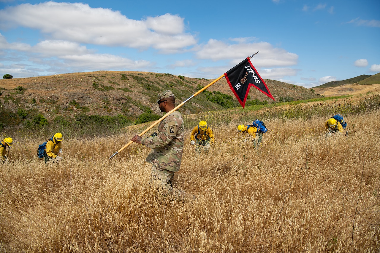 A man in uniform carries a flag through brush as service members wearing fire protection clothing work in the background.
