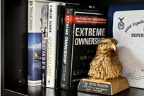 Master Sgt. Britni Burnette’s, 90th Operations Group first sergeant, has leadership books displayed in her office on F.E. Warren Air Force Base, Wyoming, May 5, 2023. Burnette’s efforts as 90 OG first sergeant earned her the Air Force Global Strike Command’s award for “Outstanding First Sergeant of the Year.” She recommends every Airman should read Extreme Ownership. (U.S. Air Force photo by Joseph Coslett Jr.)