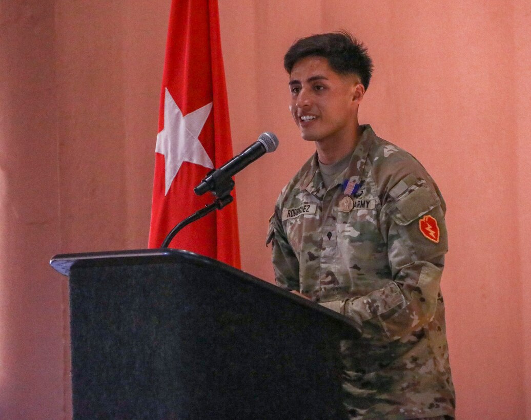 U.S. Army Spc. Rene Rodriguez, a combat medic assigned to 2nd Battalion, 35th Infantry Regiment, 3rd Infantry Brigade Combat Team, 25th Infantry Division, speaks about receiving the Soldier's Medal, July 19, 2023, Schofield Barracks, Hawaii. Rodriguez received the Soldier's Medal, the highest peacetime Army award a Soldier can receive, for protecting the life of a Hawaiian woman Oct. 20, 2022.