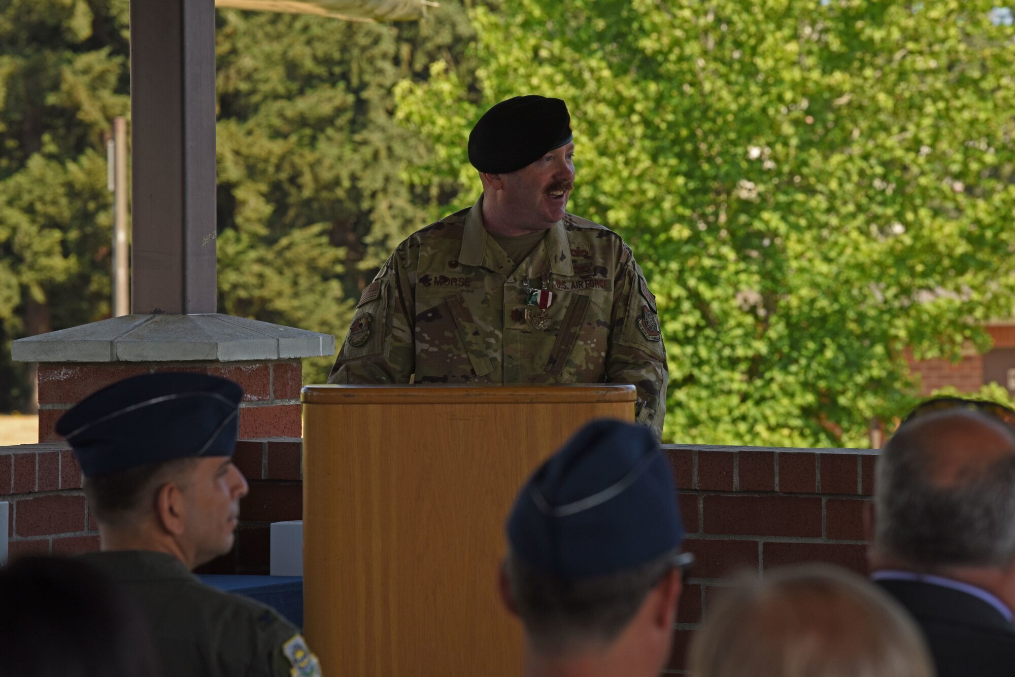 U.S. Air Force Maj. William Morse, outgoing 627th Security Forces Squadron commander, gives remarks at the 627th SFS change of command ceremony at Joint Base Lewis-McChord, Washington, July 20, 2023. Morse relinquished command to Maj. Daniel Lambert after serving as the squadron’s commander for two years. (U.S. Air Force photo by Staff Sgt. Zoe Thacker)