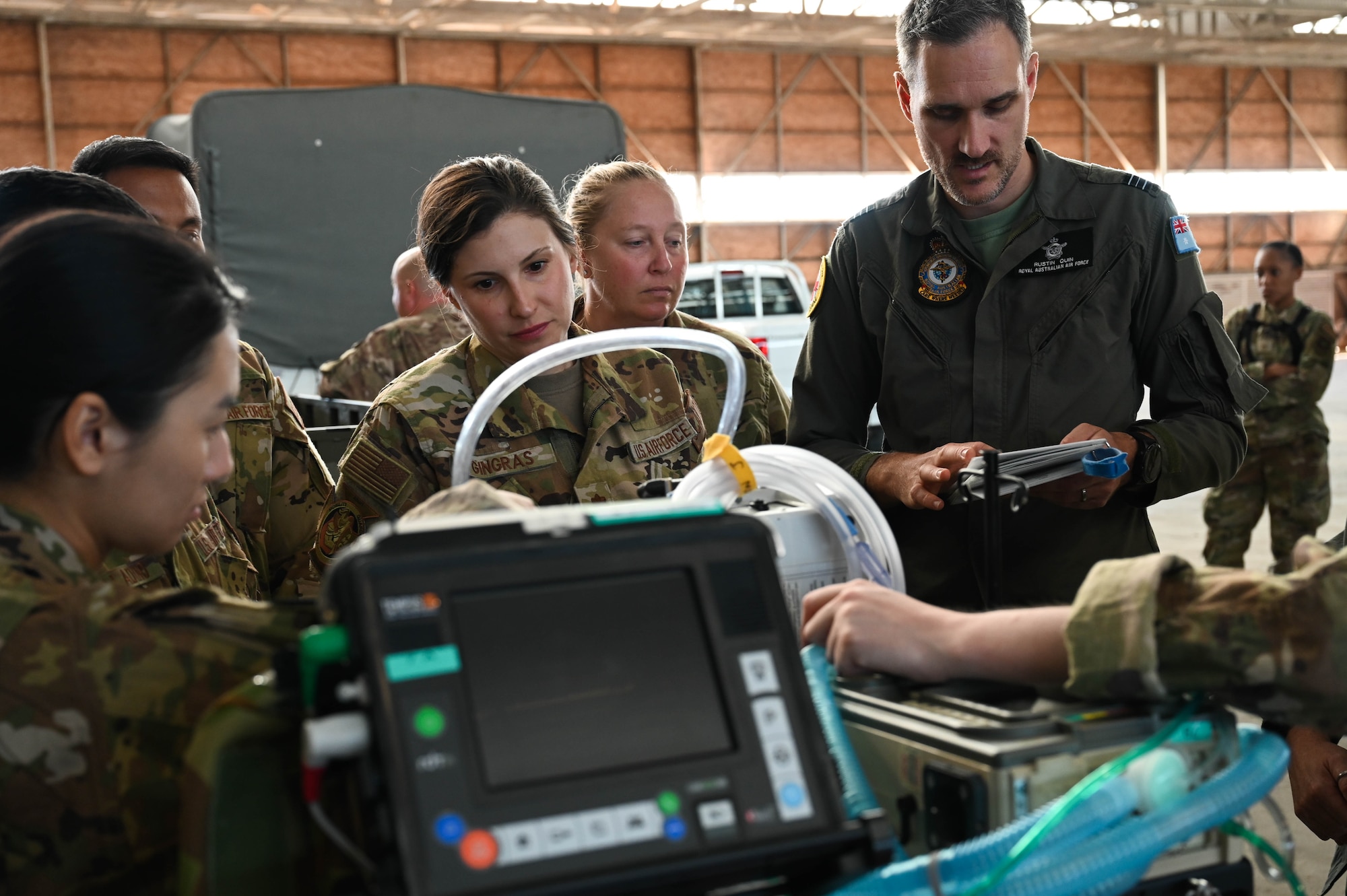 Royal Australian Air Force and U.S. Air Force medics participate in medical training exercises for Mobility Guardian 23 at RAAF Base Darwin, Australia, July 9, 2023. The Mobility Air Forces role in providing the meaningful maneuver of forces throughout the theater underscores the necessity of logistics and realistic interoperability in the region. (U.S. Air Force photo by Master Sgt. Amy Picard)