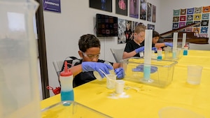 STARBASE Edwards students participate in the STEM activity "Bubble Trouble". STARBASE's main goal is to get kids from kindergarten through 8th grade in the local community immersed in the world of science, technology, engineering and math.