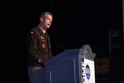 Army Gen. Daniel Hokanson, chief of the National Guard Bureau, speaks to military and senior leaders at the Department of Defense and National Guard State Partnership Program 30th Anniversary Conference at National Harbor, Maryland, July 17, 2023. The SPP program pairs Guard elements with partner nations worldwide, building enduring relationships through mutual training exchanges that strengthen security, improve interoperability and enhance readiness of U.S. and partner forces. Established in July 1993, the program began with less than a dozen partnerships and has grown to include 100 countries representing more than 50 percent of the world’s nations. (U.S. Air National Guard photo by Master Sgt. Erich B. Smith)