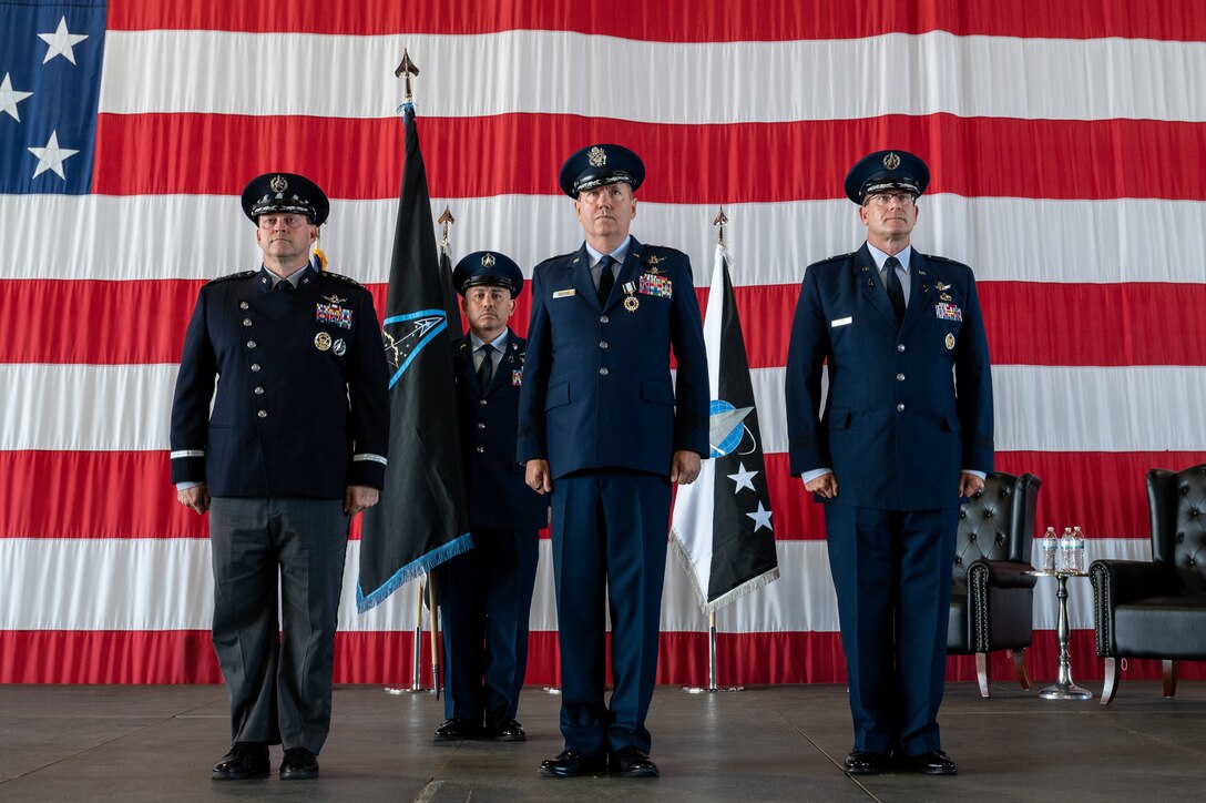 Space Training and Readiness Command holds a change of command ceremony at Peterson Space Force Base, Colorado, July 20, 2023. During the ceremony, U.S. Air Force Maj. Gen. Shawn N. Bratton, center, relinquished command to U.S. Space Force Brig. Gen. Timothy A. Sejba, right.  (U.S. Space Force photo by Ethan Johnson)