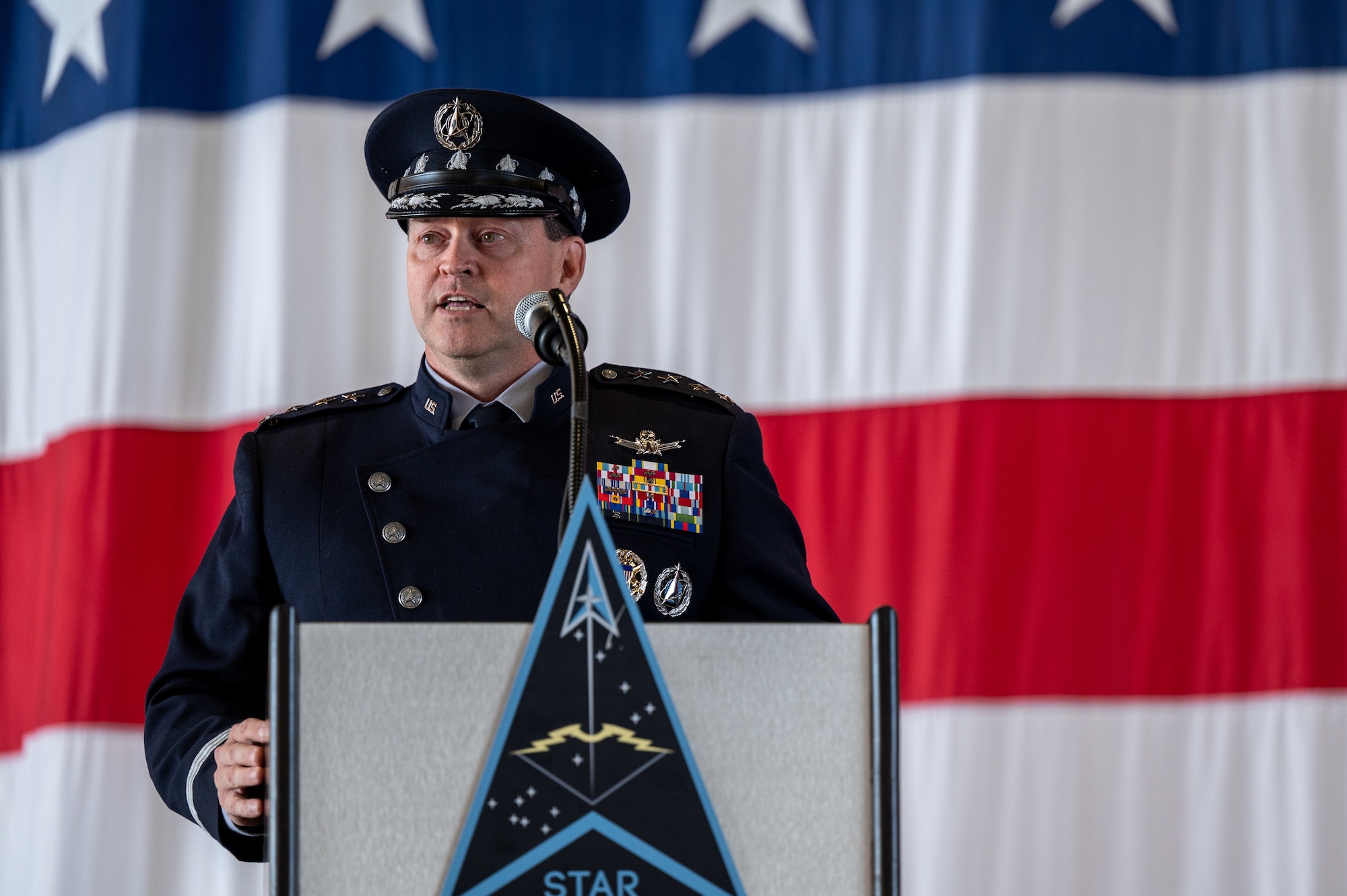 Chief of Space Operations, Gen. Chance Saltzman, speaks during the Space Training and Readiness Command change of command ceremony at Peterson Space Force Base, Colorado, July 20, 2023. U.S. Air Force Maj. Gen. Shawn N. Bratton relinquished command to U.S. Space Force Brig. Gen. Timothy A. Sejba during the ceremony. (U.S. Space Force photo by Ethan Johnson)