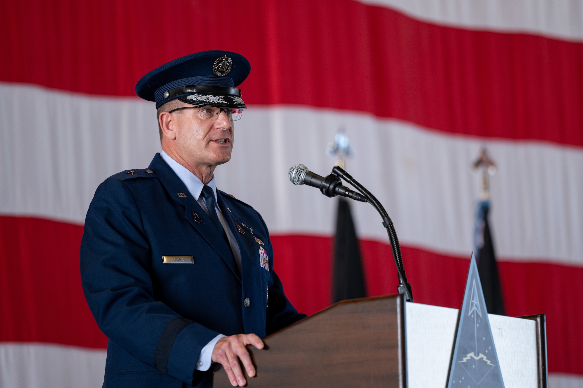 U.S. Space Force Brig. Gen. Timothy A. Sejba, Space Training and Readiness Command (STARCOM) incoming commander, delivers remarks during STARCOM’s change of command ceremony at Peterson Space Force Base, Colorado, July 20, 2023. Sejba assumed command from U.S. Air Force Maj. Gen. Shawn N. Bratton during the ceremony.  (U.S. Space Force photo by Ethan Johnson)