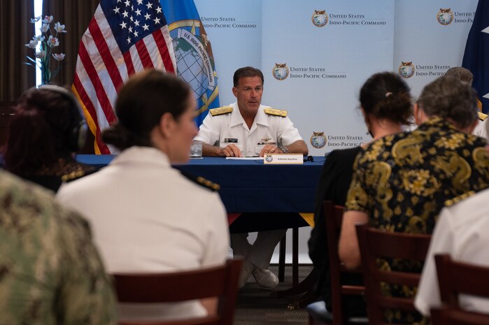CAMP H.M. Smith, Hawaii (June 30, 2022) Commander, U.S. Indo-Pacific Command Adm. John C. Aquilino addresses members of the media during a press conference announcing the establishment of Joint Task Force Red Hill. JTF Red Hill, in close coordination with the State of Hawaii, will oversee the safe and expeditious defueling of the Red Hill Bulk Fuel Storage Facility, demonstrating DoD’s commitment to remove fuel as quickly as possible, in a safe and informed manner, and with full transparency to regulators, intergovernmental partners, and with the people of Hawaii. (U.S. Navy photo by Chief Mass Communication Specialist Shannon M. Smith/Released)