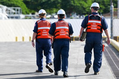 U.S. Coast Guardsmen depart an unpacking operation onboard Joint Base Pearl Harbor-Hickam (JBPHH), Hawaii, Oct. 27, 2022. The unpacking operation will remove approximately one million gallons of fuel from three primary fuel pipelines connecting the Red Hill Bulk Fuel Storage Facility (RHBFSF) to fuel points on JBPHH. JTF-RH was established by the Department of Defense to ensure the safe and expeditious defueling of the RHBFSF. (U.S. Marine Corps photo by Cpl. Luke Cohen)