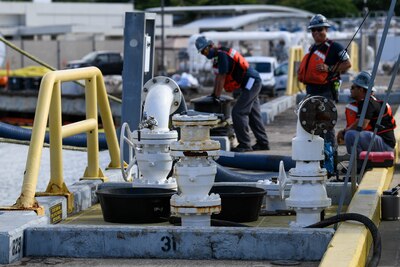 Naval Supply Systems Command Fleet Logistics Center Pearl Harbor fuel distribution system workers prepare to begin an unpacking operation onboard Joint Base Pearl Harbor-Hickam (JBPHH), Hawaii, Oct. 27, 2022. The unpacking operation will remove approximately one million gallons of fuel from three primary fuel pipelines connecting the Red Hill Bulk Fuel Storage Facility (RHBFSF) to fuel points on JBPHH. JTF-RH was established by the Department of Defense to ensure the safe and expeditious defueling of the RHBFSF. (U.S. Marine Corps photo by Cpl. Luke Cohen)