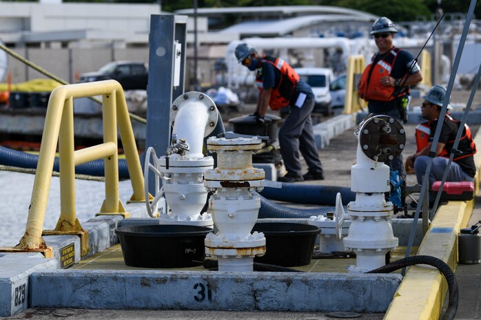 Naval Supply Systems Command Fleet Logistics Center Pearl Harbor fuel distribution system workers prepare to begin an unpacking operation onboard Joint Base Pearl Harbor-Hickam (JBPHH), Hawaii, Oct. 27, 2022. The unpacking operation will remove approximately one million gallons of fuel from three primary fuel pipelines connecting the Red Hill Bulk Fuel Storage Facility (RHBFSF) to fuel points on JBPHH. JTF-RH was established by the Department of Defense to ensure the safe and expeditious defueling of the RHBFSF. (U.S. Marine Corps photo by Cpl. Luke Cohen)