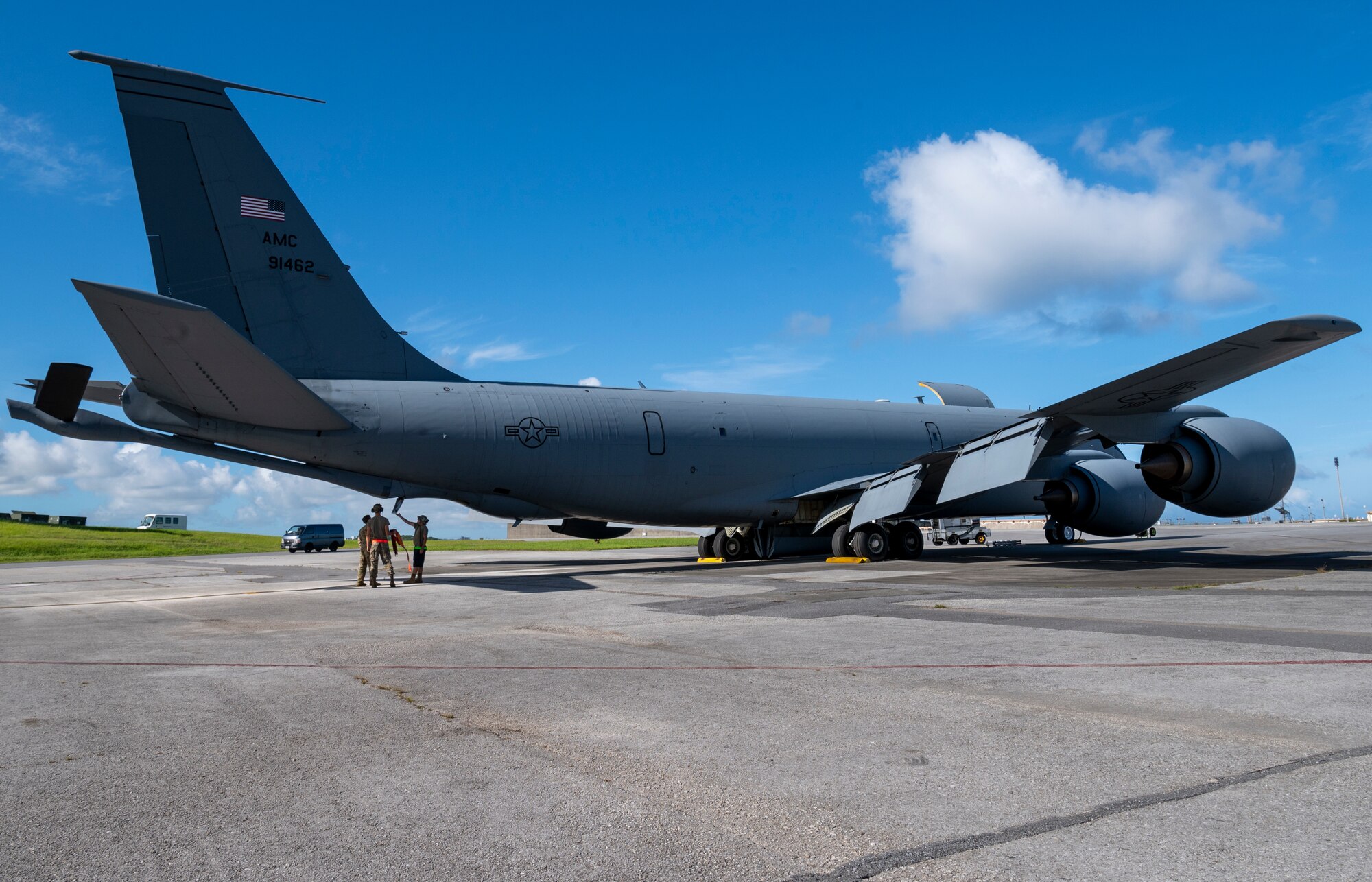 U.S. Air Force Capt. James Bradford, 909th Air Refueling Squadron aircraft commander, performs pre-flight checks in a KC-135 Stratotanker at Kadena Air Base, Japan, July 19, 2023.