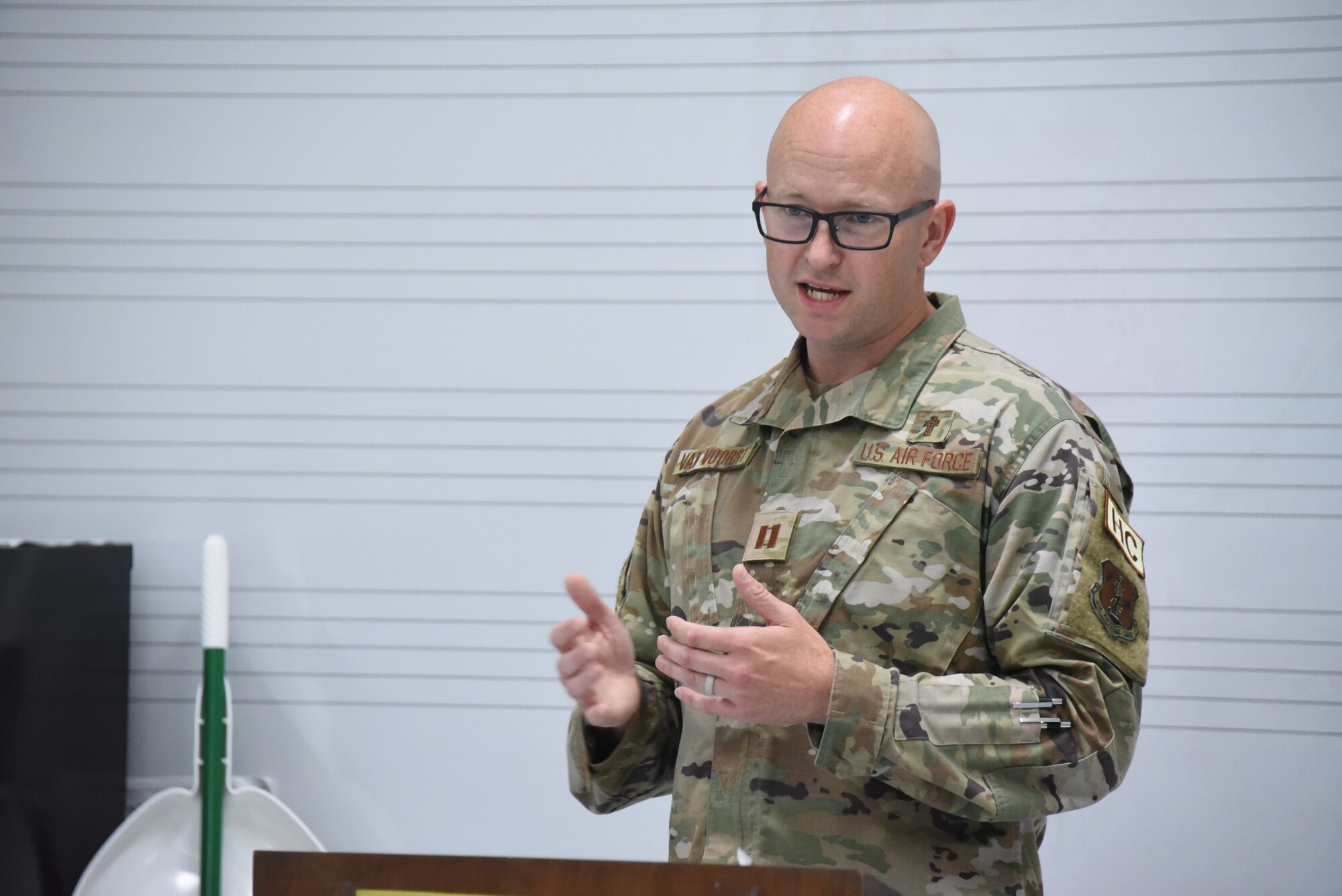 Capt. Scott Van Voorst, a 185th Air Refueling Wing chaplain, stands and instructs for a class.