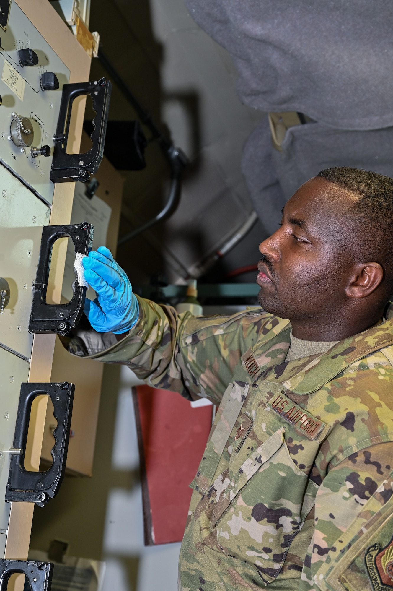 Staff Sgt. Enock Koech, U.S. Air Force School of Aerospace Medicine bioenvironmental
engineer, takes samples at L-01 missile alert facility, or MAF, near Stoneham, Colorado, July 13, 2023. USAFSAM teams visited all of F.E. Warren Air Force Base’s MAFs as part of the ongoing missile community cancer study at all three intercontinental ballistic missile wings in Air Force Global Strike Command. While there, the teams assessed indoor air quality at each facility to include temperature, humidity, carbon dioxide and carbon monoxide levels. They also collected water and soil samples and tested for the presence of radon, polychlorinated biphenyls, organic phosphates and other potential occupational exposure hazards. USAFSAM is part of the Air Force Research Laboratory’s 711th Human Performance Wing. (U.S. Air Force photo by Joseph Coslett Jr.)