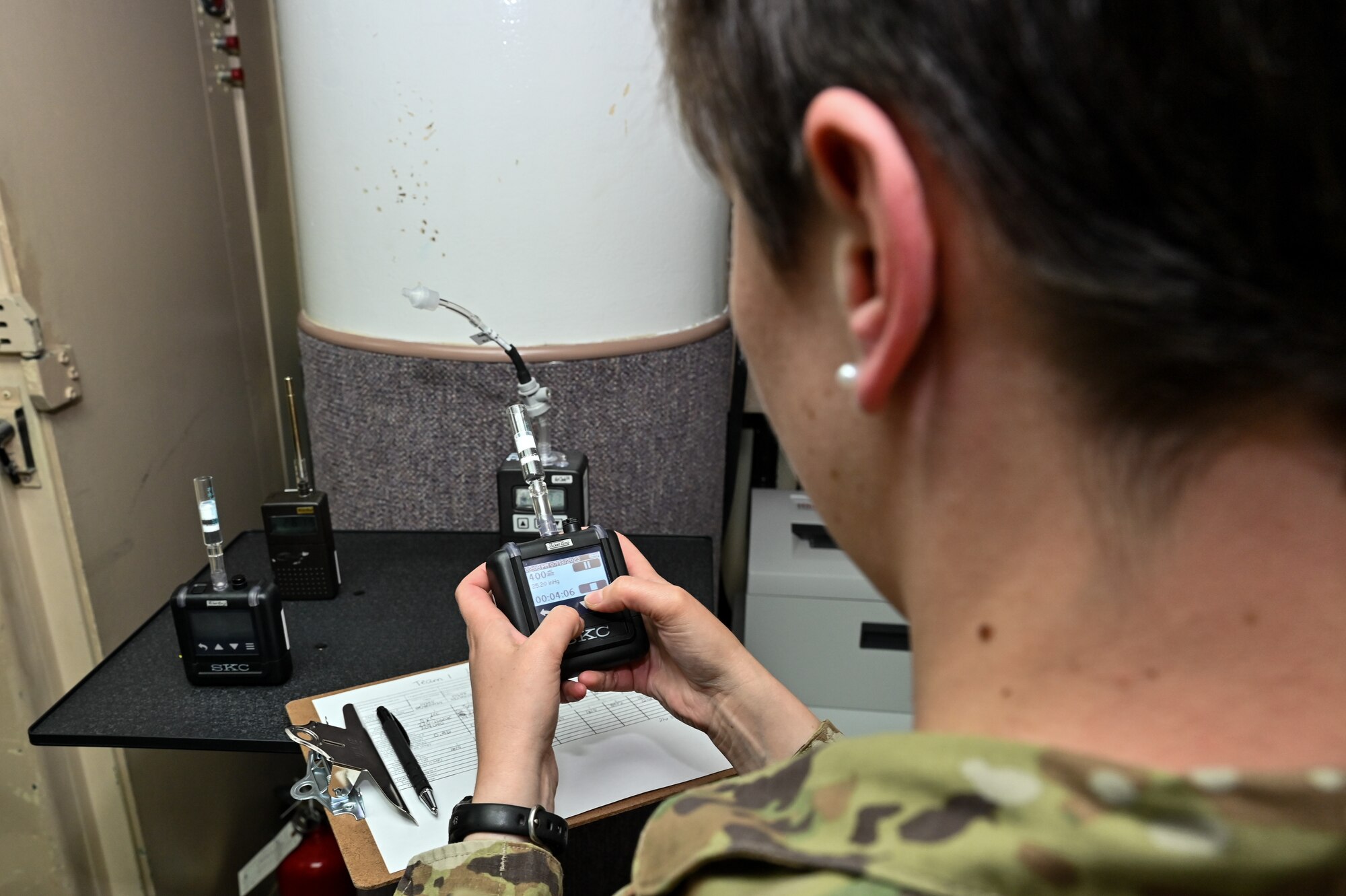 Capt. Isabella Muffoletto, U.S. Air Force School of Aerospace Medicine bioenvironmental engineer, records different readings at L-01 missile alert facility, or MAF, near Stoneham, 
Colorado, July 13, 2023. USAFSAM teams visited all of F.E. Warren Air Force Base’s MAFs as part of the ongoing missile community cancer study at all three intercontinental ballistic missile wings in Air Force Global Strike Command. While there, the teams assessed indoor air quality at each facility to include temperature, humidity, carbon dioxide and carbon monoxide levels. They also collected water and soil samples and tested for the presence of radon, polychlorinated biphenyls, organic phosphates and other potential occupational exposure hazards. USAFSAM is part of the Air Force Research Laboratory’s 711th Human Performance Wing. (U.S. Air Force photo by Joseph Coslett Jr.)