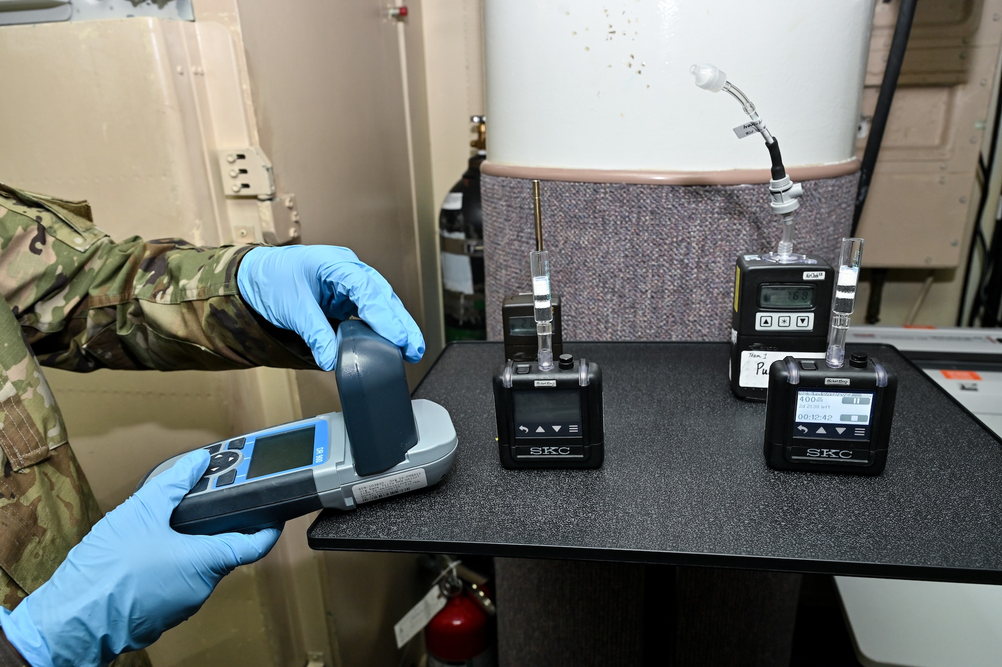 Staff Sgt. Enock Koech, U.S. Air Force School of Aerospace Medicine bioenvironmental engineer, takes samples at L-01 missile alert facility, or MAF, near Stoneham, Colorado, July 13, 2023. USAFSAM teams visited all of F.E. Warren Air Force Base’s MAFs as part of the ongoing missile community cancer study at all three intercontinental ballistic missile wings in Air Force Global Strike Command. While there, the teams assessed indoor air quality at each facility to include temperature, humidity, carbon dioxide and carbon monoxide levels. They also collected water and soil samples and tested for the presence of radon, polychlorinated biphenyls, organic phosphates and other potential occupational exposure hazards. USAFSAM is part of the Air Force Research Laboratory’s 711th Human Performance Wing. (U.S. Air Force photo by Joseph Coslett Jr.)