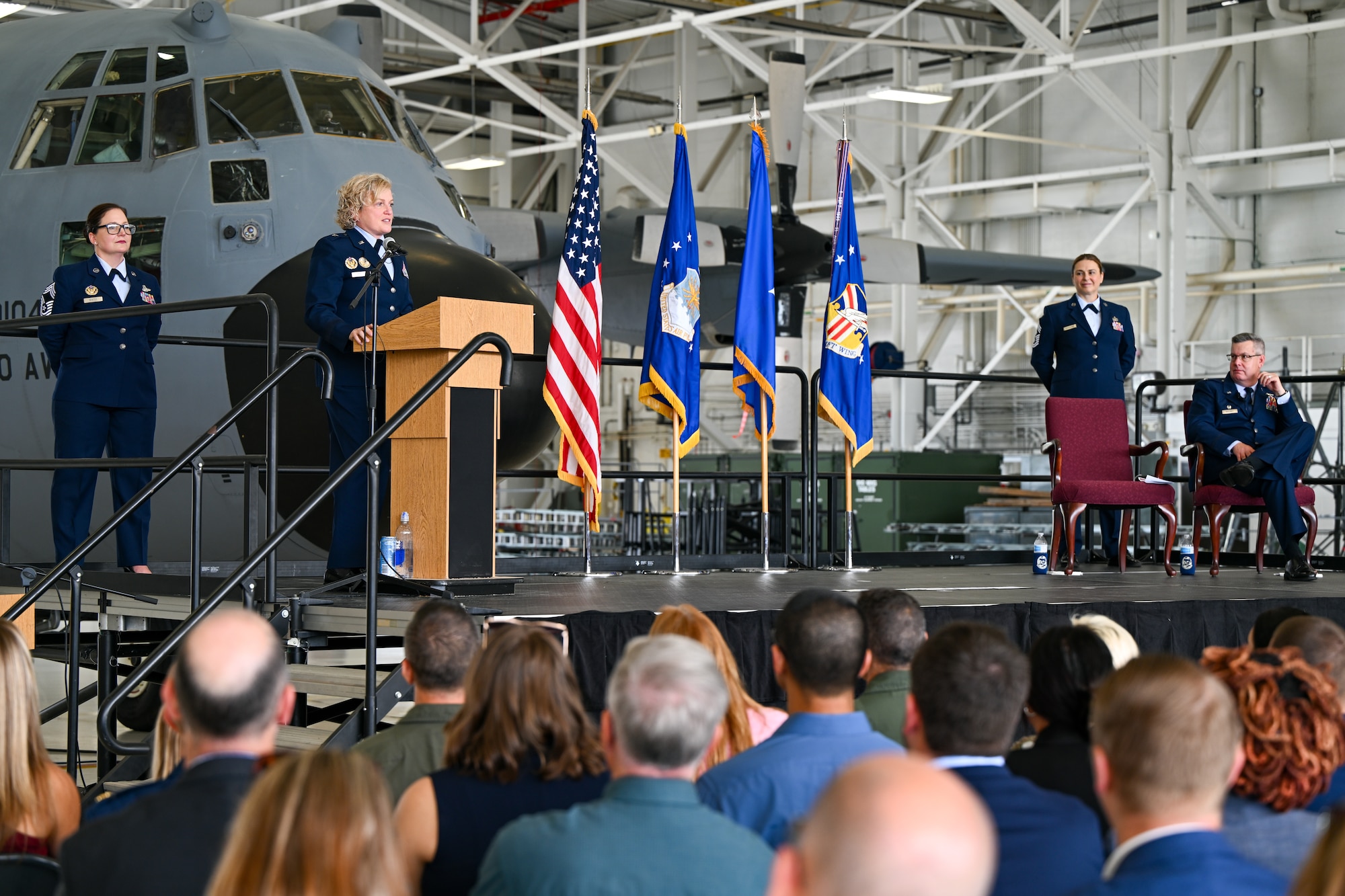 Brig. Gen. Melissa Coburn, 22nd Air Force commander, gives a speech during the assumption of command ceremony for Col. Michael Maloney,  July 15, 2023, at Youngstown Air Reserve Station, Ohio.