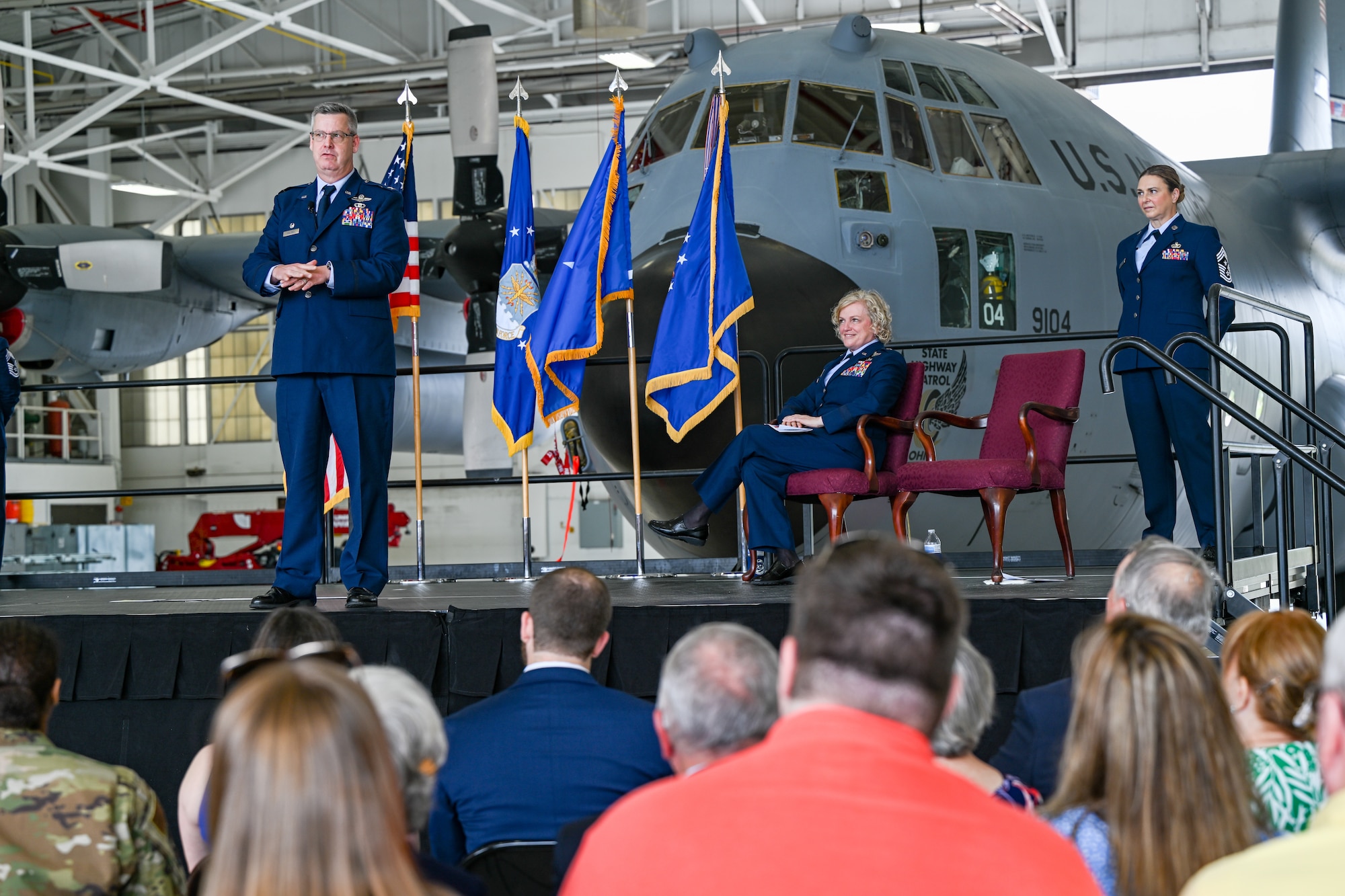 Col. Michael Maloney, 910th Airlift Wing commander, gives a speech during his assumption of command ceremony, July 15, 2023, at Youngstown Air Reserve Station, Ohio.