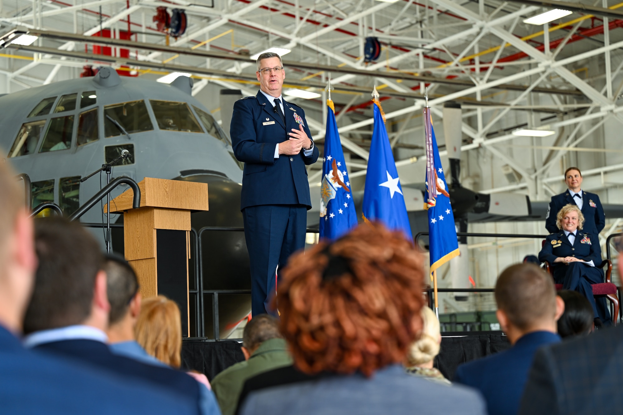 Col. Michael Maloney, 910th Airlift Wing commander, gives a speech during his assumption of command ceremony here, July 15, 2023.
