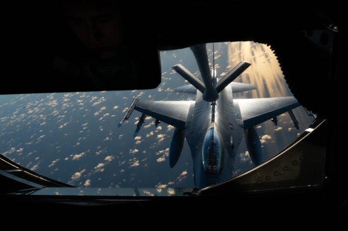 Airmen From Macdill Air Force Base, Florida refuel F-16 Fighting Falcons from Kadena Air Base, Japan in support of Mobility Guardian 2023 July 9th, 2023, over the Indo Pacific region. A multilateral endeavor, MG23 features seven participating countries - Australia, Canada, France, Japan, New Zealand, United Kingdom, and the United States - operating approximately 70 mobility aircraft across multiple locations spanning a 3,000 mile exercise area from July 5th through July 21. Our Allies and partners are one of our greatest strengths and a key strategic advantage. (U.S. Air Force photo by Shelby Rapert)