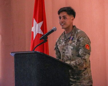 U.S. Army Spc. Rene Rodriguez, a combat medic assigned to 2nd Battalion, 35th Infantry Regiment, 3rd Infantry Brigade Combat Team, 25th Infantry Division, speaks about receiving the Soldier's Medal, July 19, 2023, Schofield Barracks, Hawaii. Rodriguez received the Soldier's Medal, the highest peacetime Army award a Soldier can receive, for protecting the life of a Hawaiian woman Oct. 20, 2022.