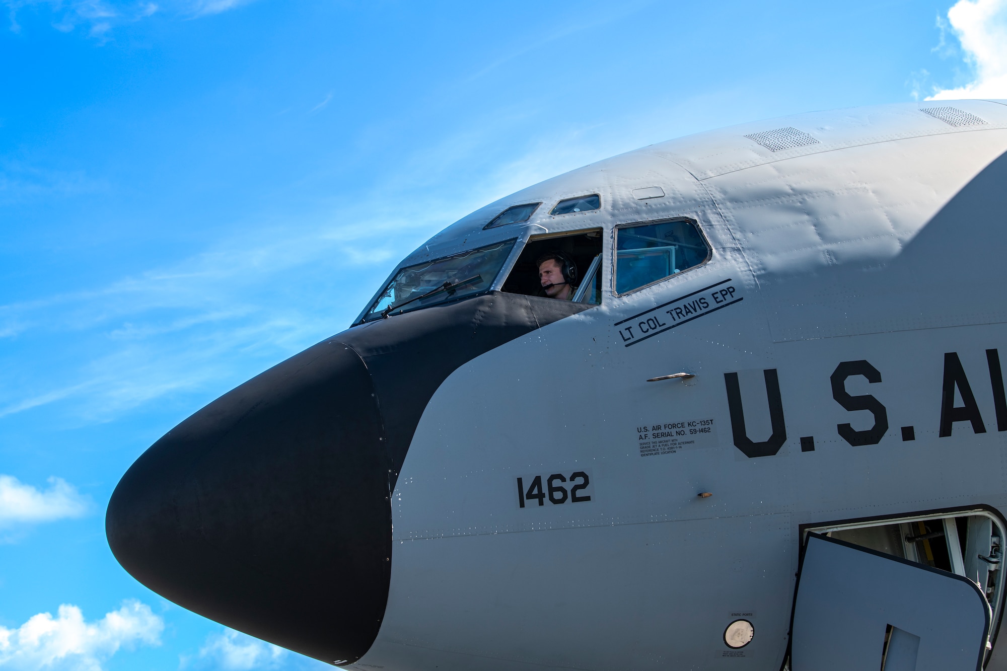 U.S. Air Force Capt. James Bradford, 909th Air Refueling Squadron aircraft commander, performs pre-flight checks in a KC-135 Stratotanker at Kadena Air Base, Japan, July 19, 2023.