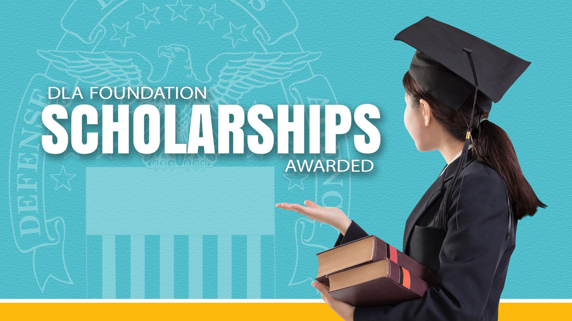 College person with cap and gown in front of light blue background and text DLA Foundation Scholarships Awarded