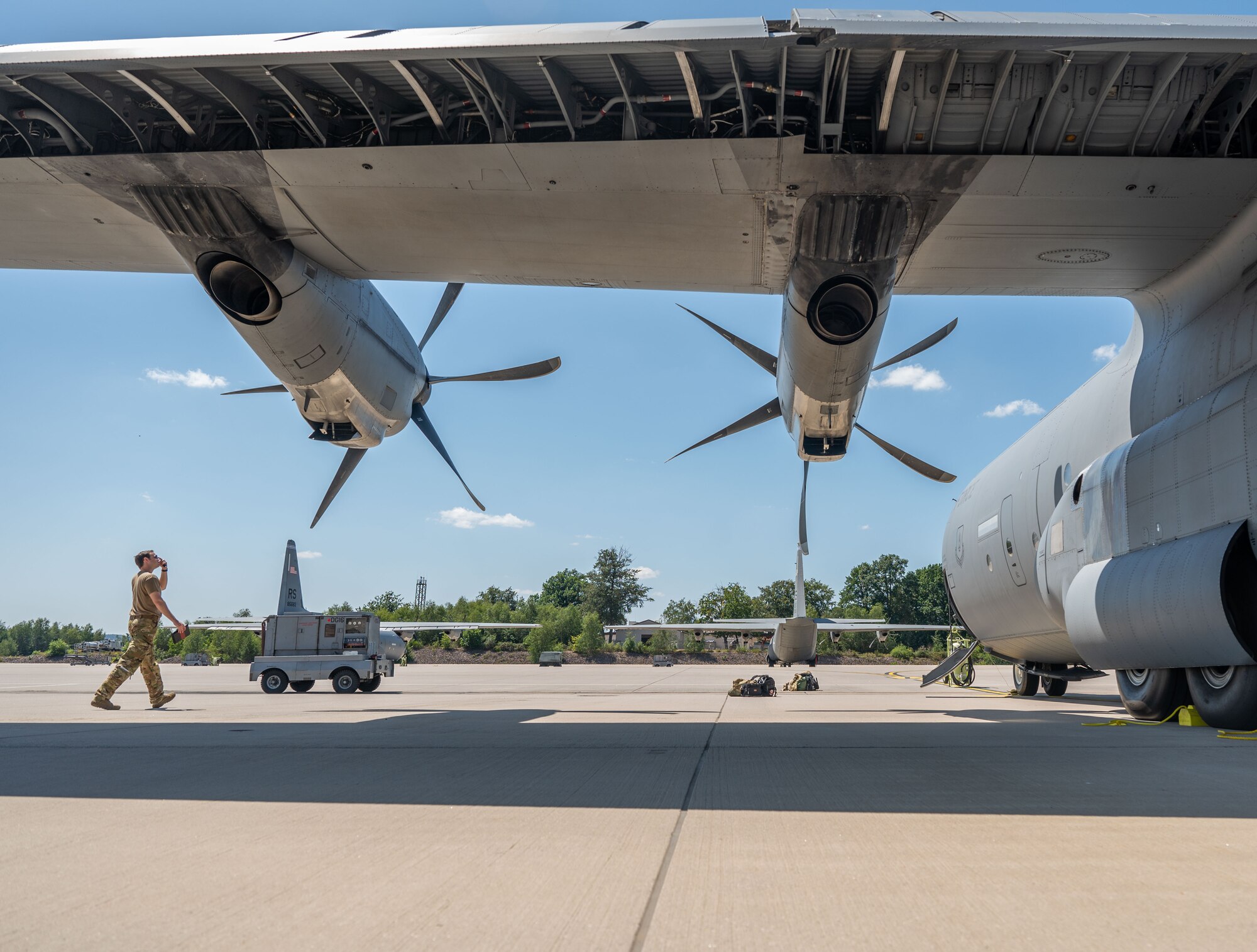 An Airman inspects a C-130