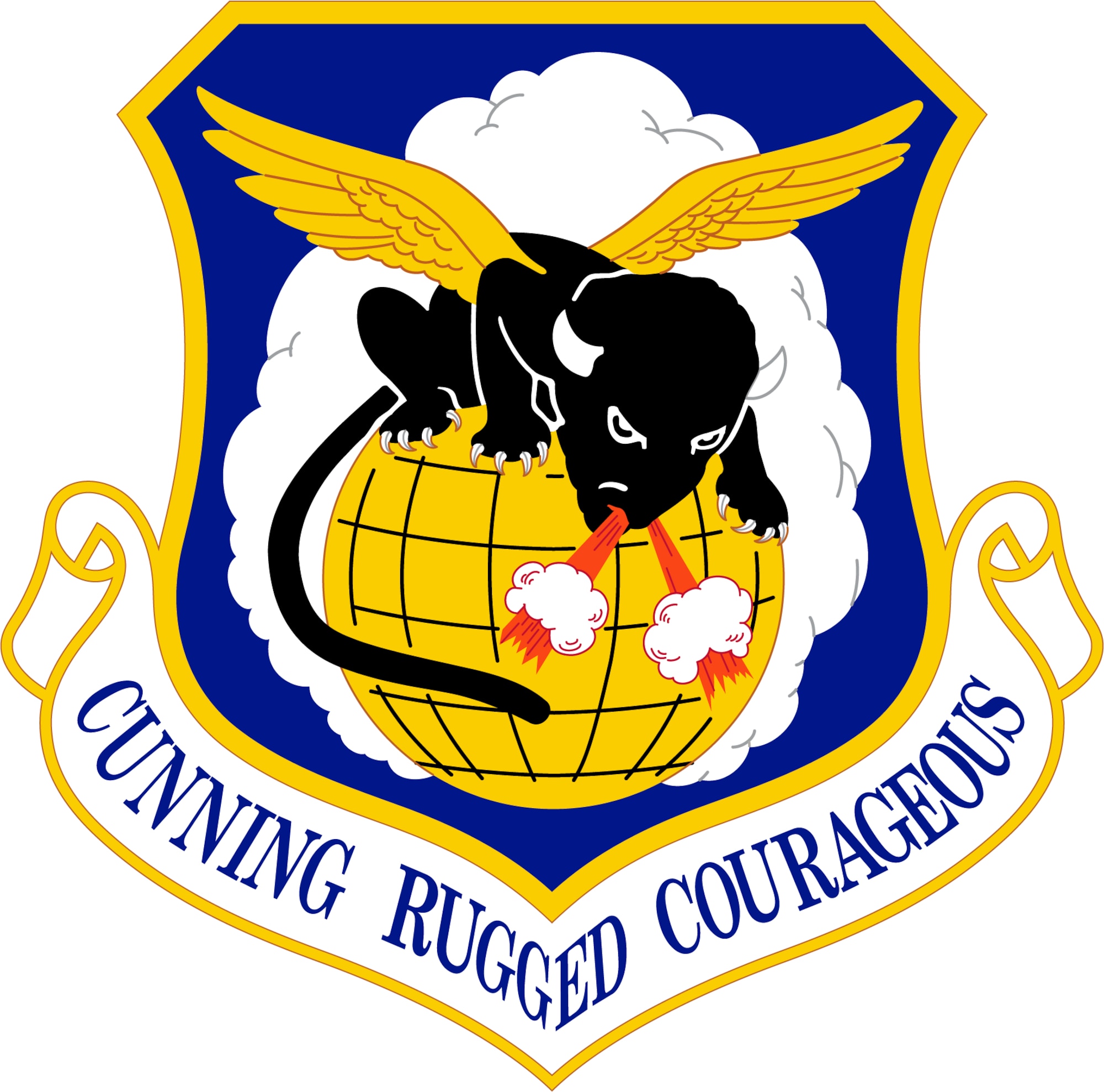 Emblem with a bull and golden globe outlined with yellow words cunning, rugged and courageous.