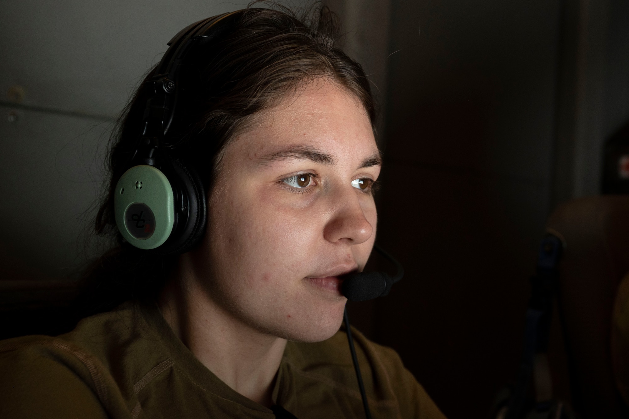 U.S. Air Force Senior Airman Renee Oswalt, 908th Expeditionary Air Refueling Squadron boom operator, refuels Royal Air Force Eurofighter Typhoon FGR4s during Yellow Sands, the Counter-Unmanned Aircraft Systems (C-UAS) exercise in Southwest Asia, July 20, 2023. The exercise aimed to ensure the safety of forces and the success of ongoing missions by enhancing the collective capacity to detect, track and neutralize UAS threats. (U.S. Air Force photo by Staff Sgt. Emily Farnsworth)