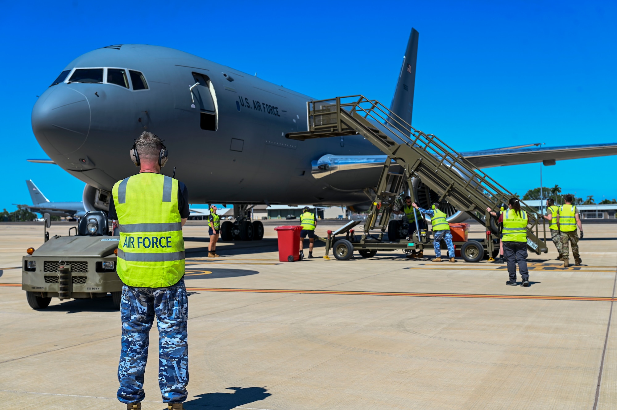 Royal Australian Air Force and 92nd Expeditionary Wing personnel prepare to get multiple KC-46 Pegasus airborne for Mobility Guardian 23 in Darwin, Australia, on July 9, 2023. A multinational endeavor, MG23 featured seven participating countries – Australia, Canada, France, Japan, New Zealand, the United Kingdom, and the United States – operating nearly 70 mobility aircraft across multiple locations spanning a 3,000-mile area in the Indo-Pacific. (U.S. Air Force photo by A1C Haiden Morris)