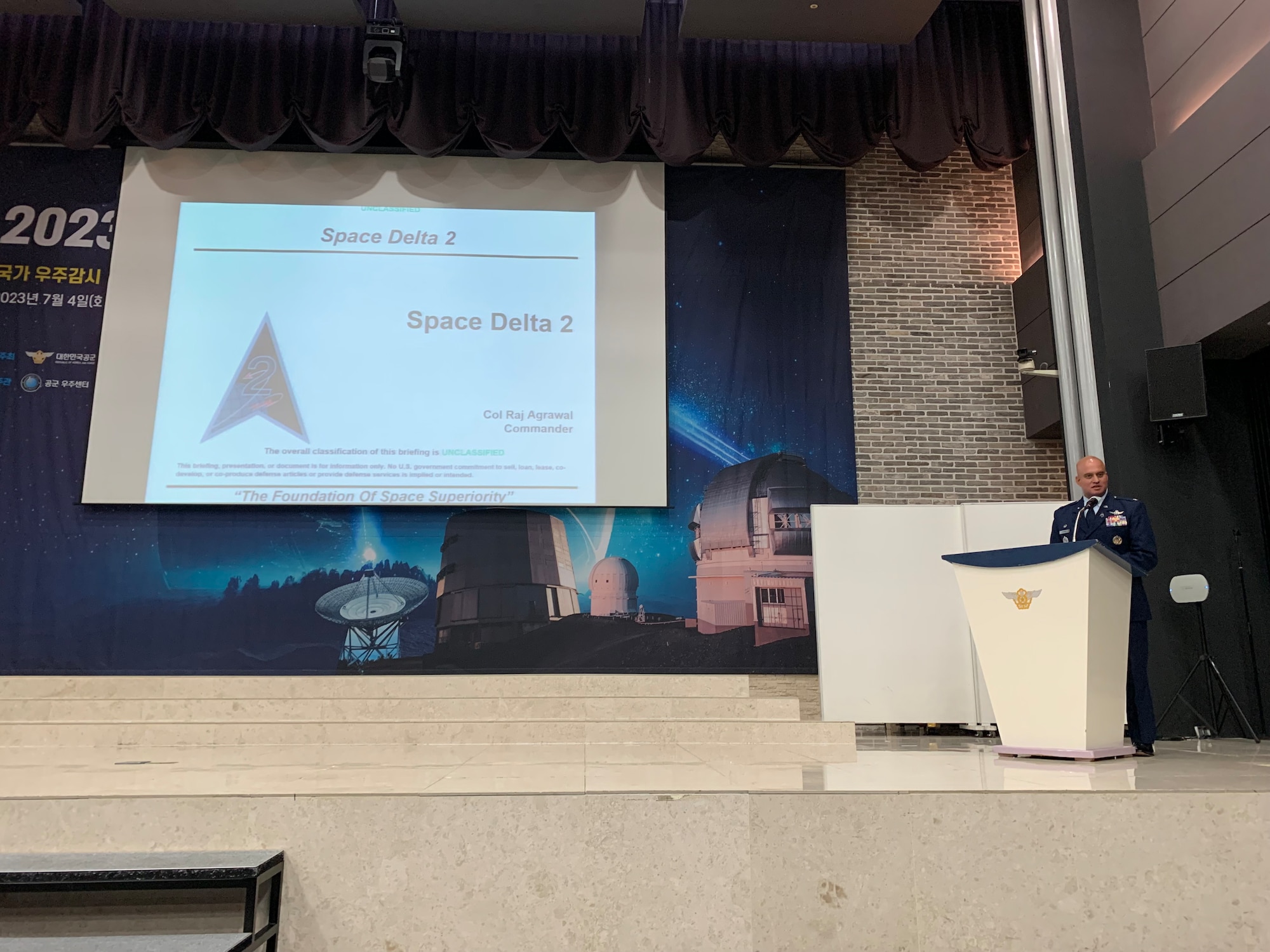 U.S. Space Force Col. Raj Agrawal, commander, Space Delta 2 – Space Domain Awareness, discusses DEL 2’s mission and the integral role allied partners play in establishing international norms in the space domain during the Republic of Korea’s third annual Open Space Forum in Seoul, Korea, July 4, 2023. The trip marked Agrawal’s first official international visit since taking command of DEL 2 in late June. (U.S. Space Force photo by 1st Lt. Aaron Brooks)
